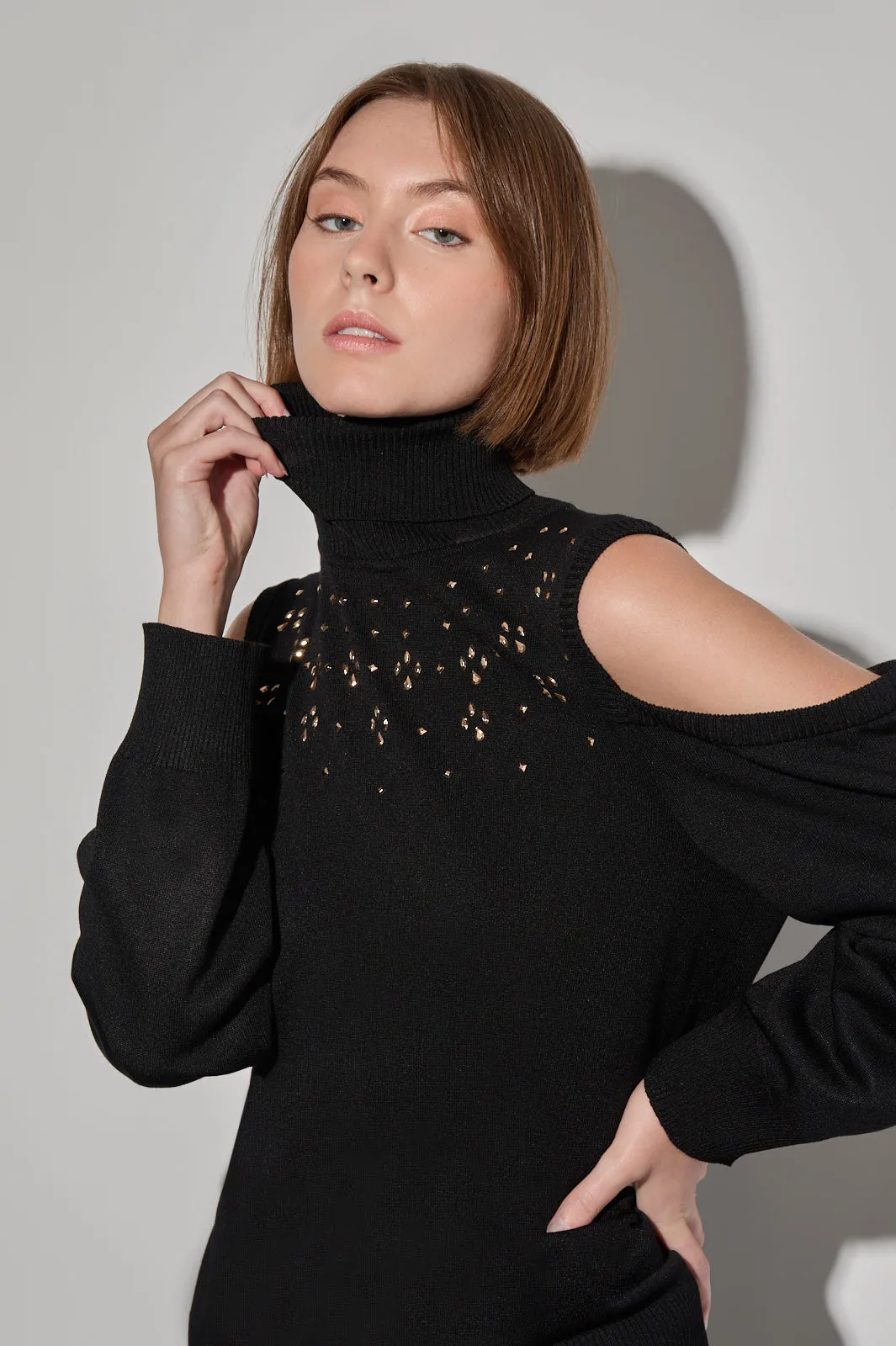 Plus Size Cold Shoulder Soft Knit Stud Detail Turtleneck