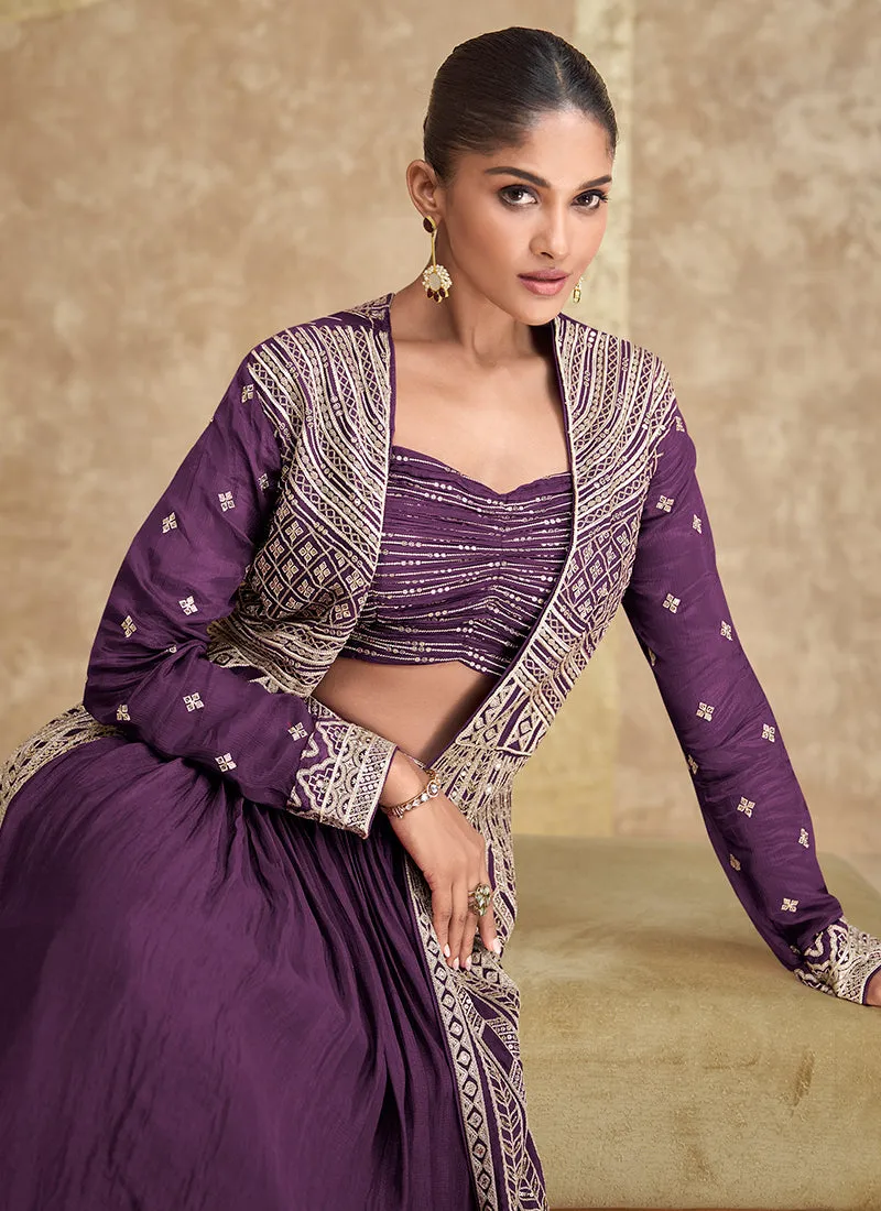 Purple Embroidery Festive Jacket Style Lehenga