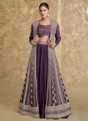 Purple Embroidery Festive Jacket Style Lehenga