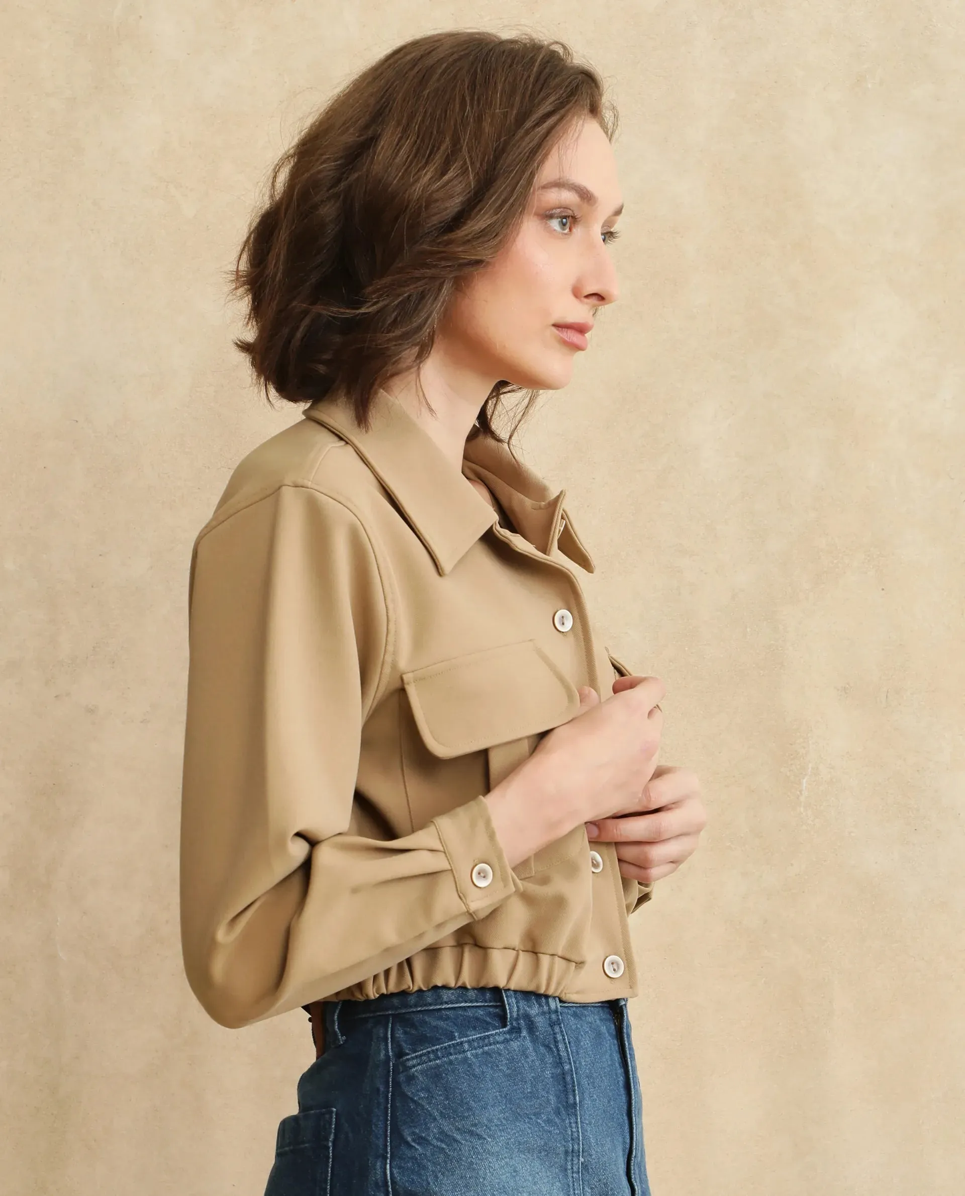 Rareism Women Hobart Beige Cuffed Sleeve Collared Neck Button Closure Cropped Plain Jacket