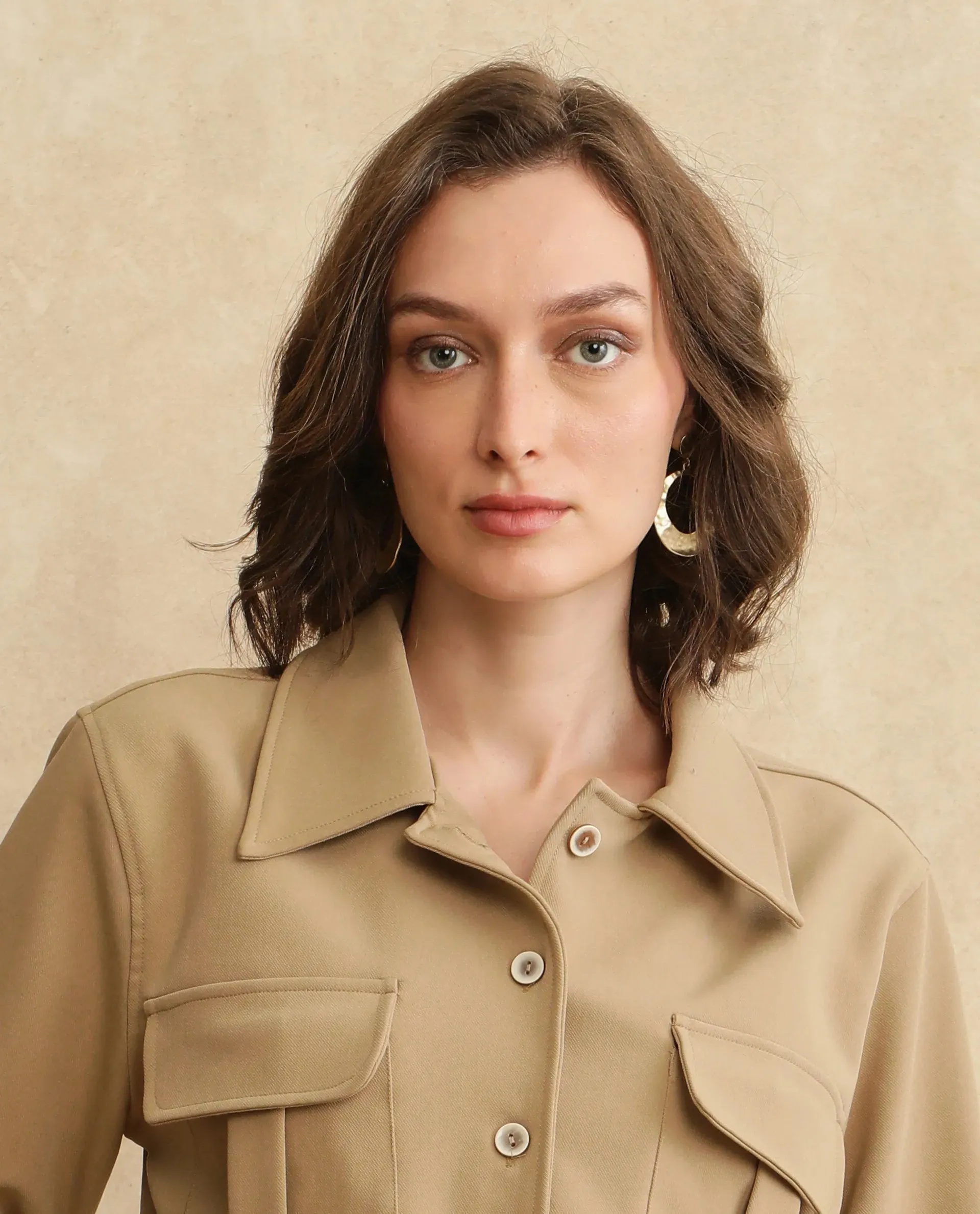 Rareism Women Hobart Beige Cuffed Sleeve Collared Neck Button Closure Cropped Plain Jacket