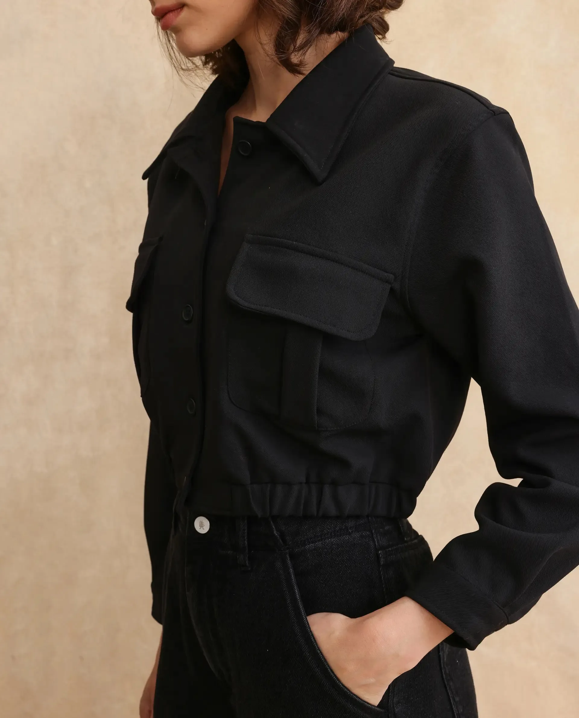 Rareism Women Hobart Black Cuffed Sleeve Collared Neck Button Closure Cropped Plain Jacket