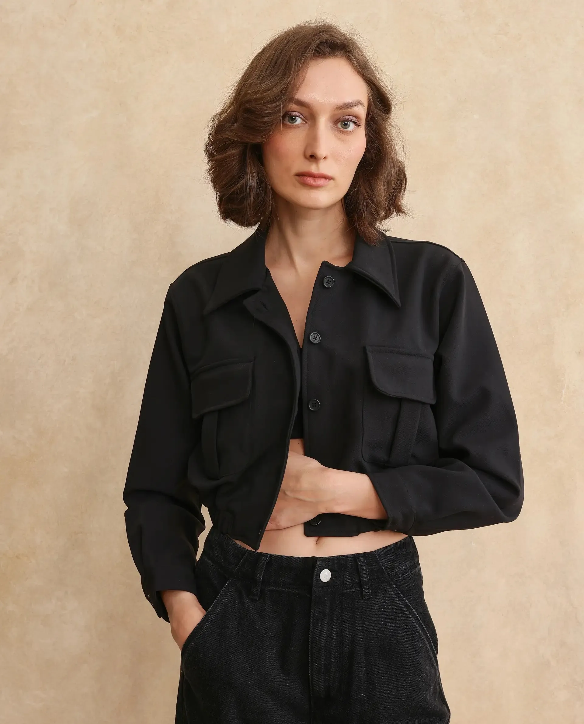 Rareism Women Hobart Black Cuffed Sleeve Collared Neck Button Closure Cropped Plain Jacket