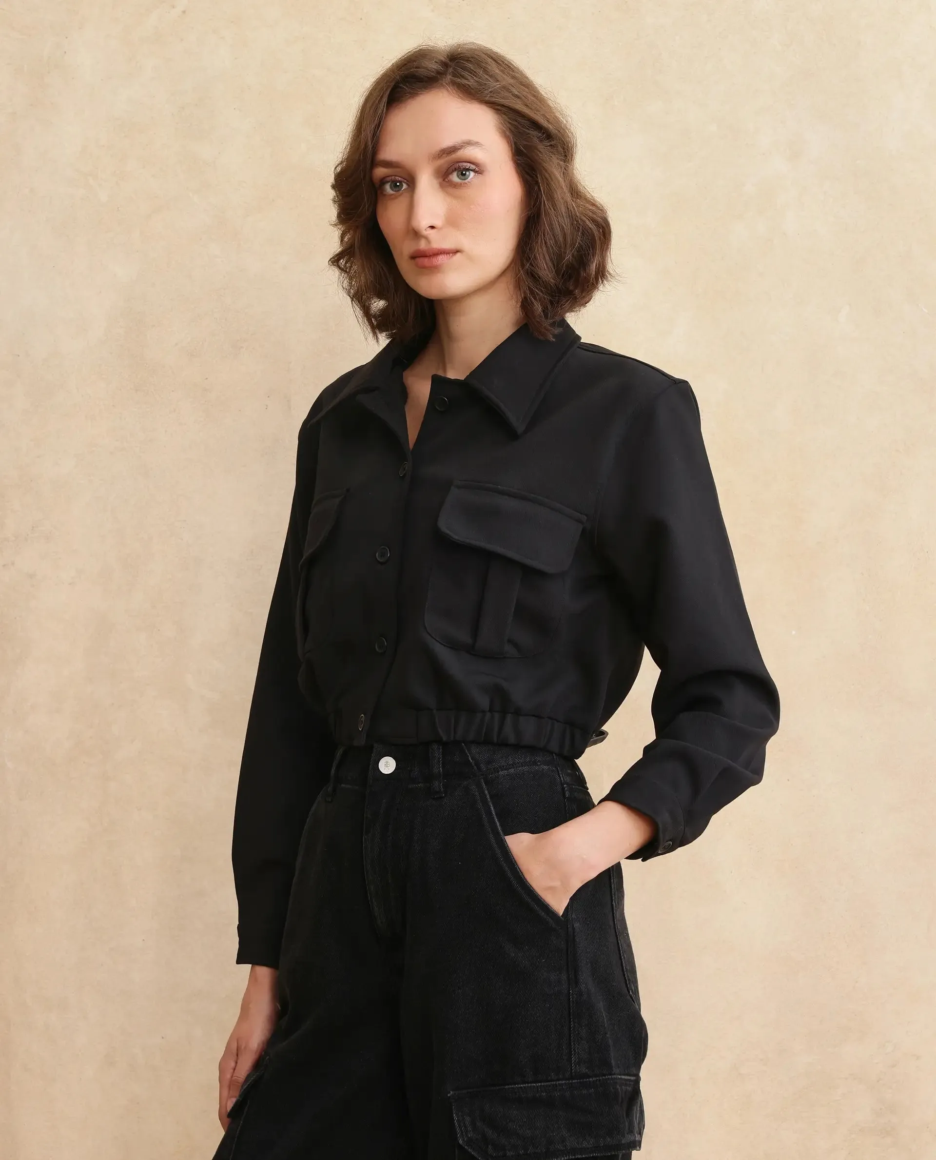 Rareism Women Hobart Black Cuffed Sleeve Collared Neck Button Closure Cropped Plain Jacket