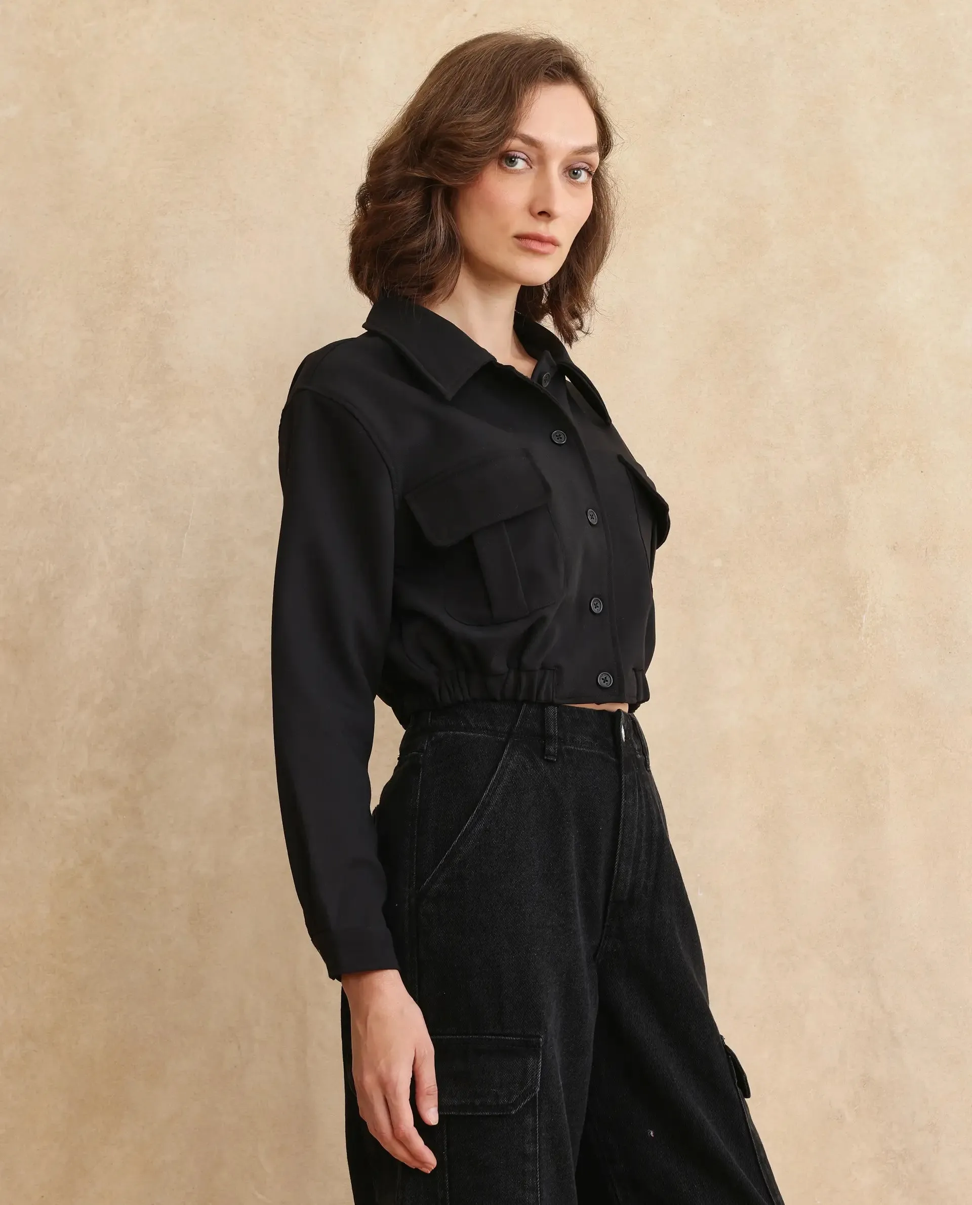 Rareism Women Hobart Black Cuffed Sleeve Collared Neck Button Closure Cropped Plain Jacket