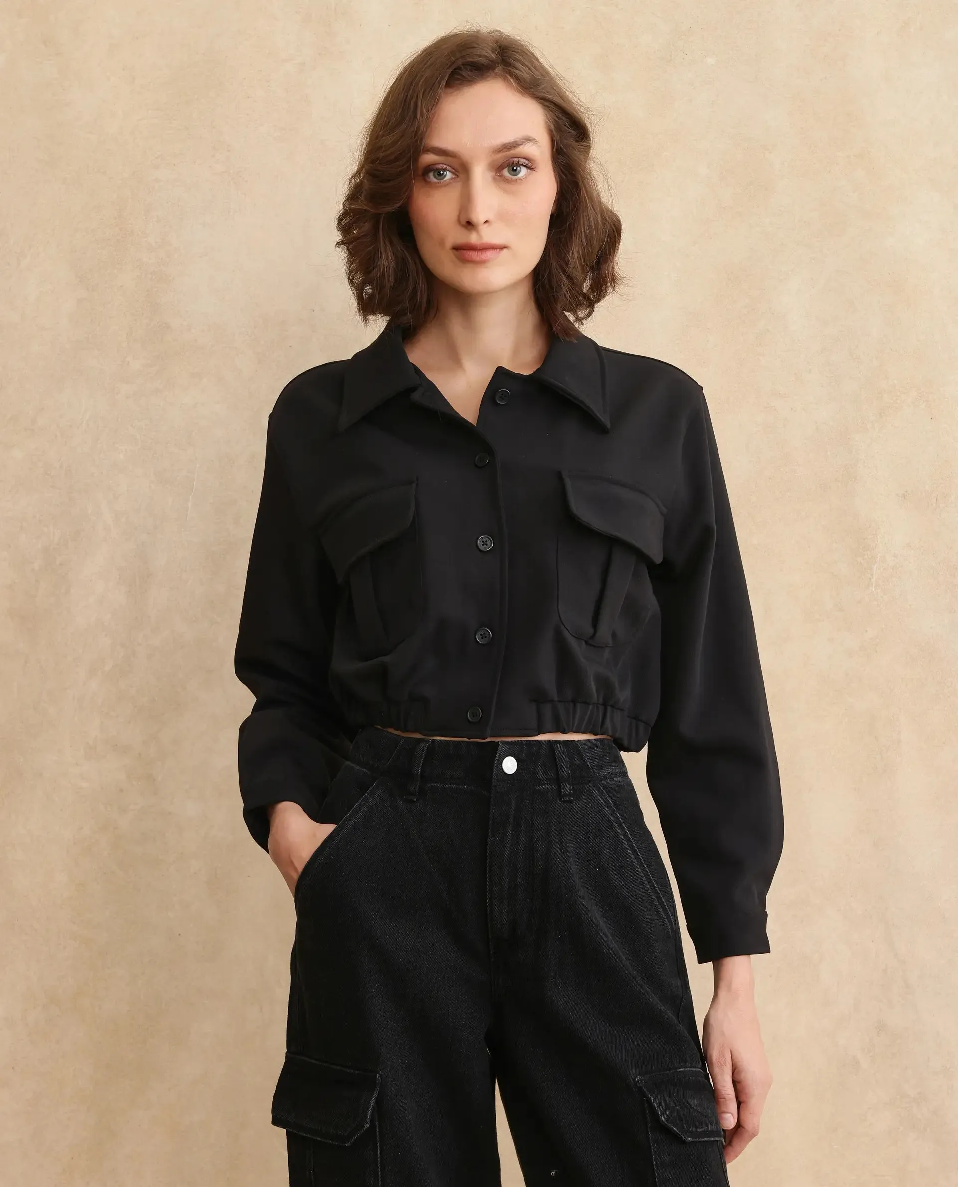 Rareism Women Hobart Black Cuffed Sleeve Collared Neck Button Closure Cropped Plain Jacket