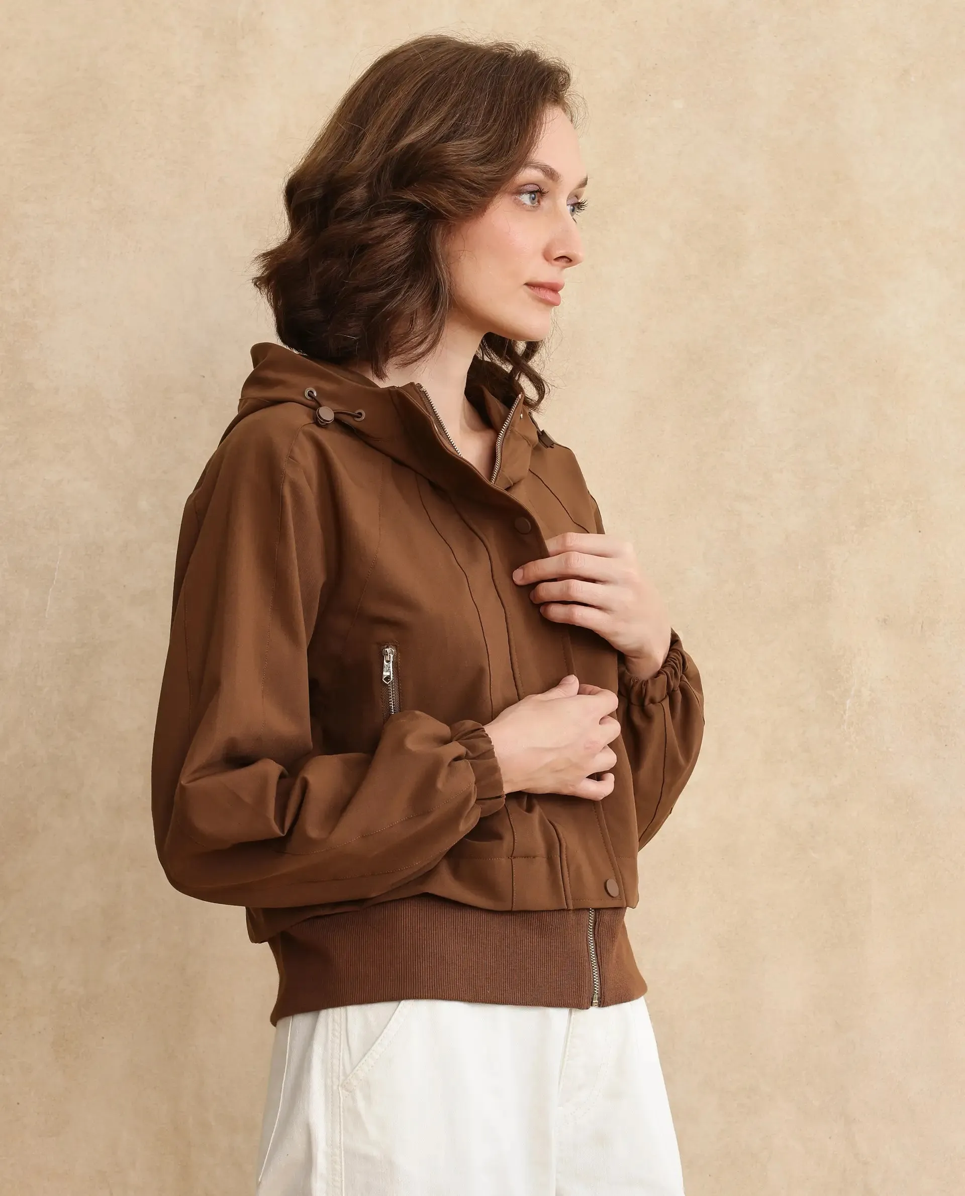 Rareism Women Hoian Dark Beige Ribbed Sleeve Stand Collar Zipper Closure Boxy Fit Plain Jacket