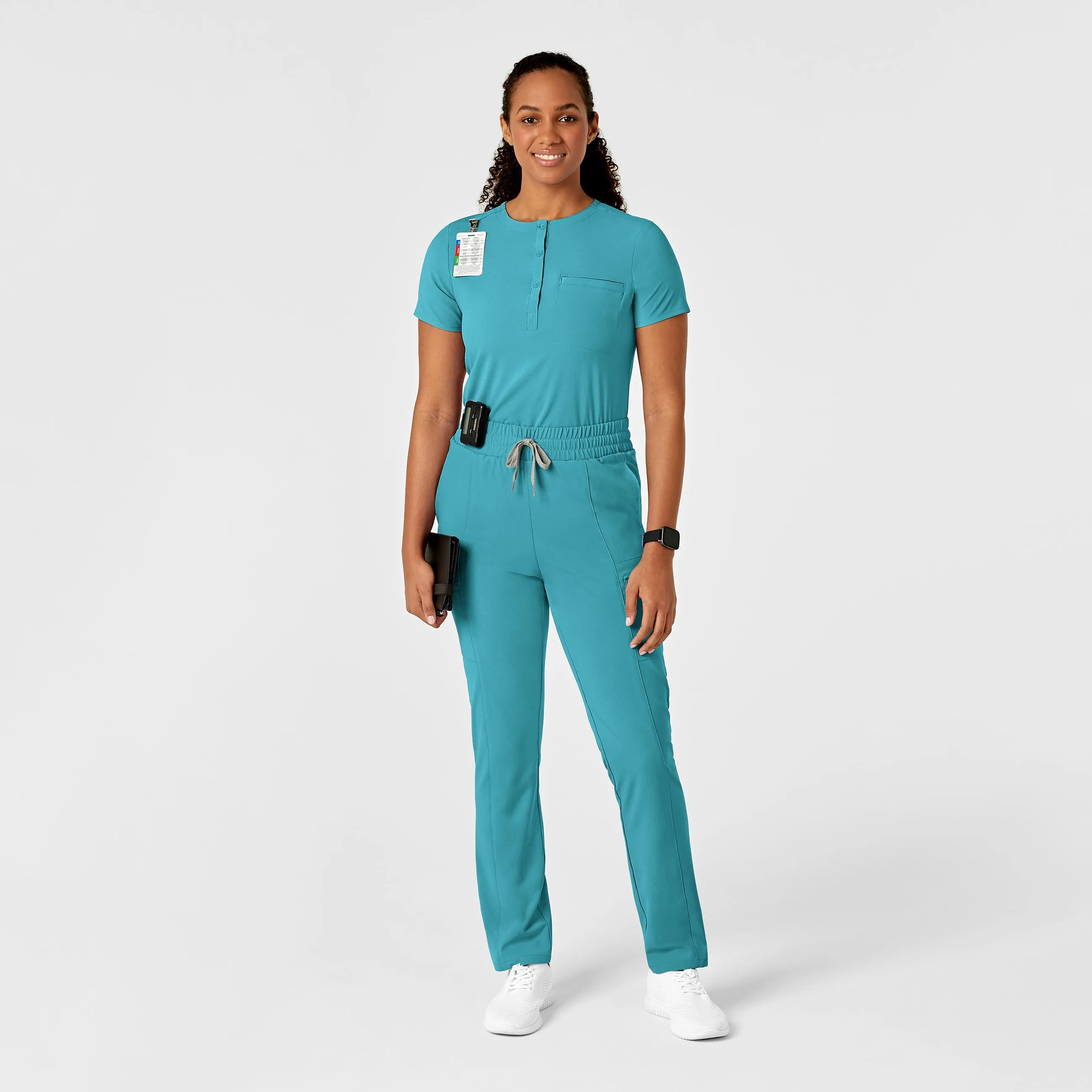 RENEW Women's Mandarin Collar Tuck-In Scrub Top - Teal Blue