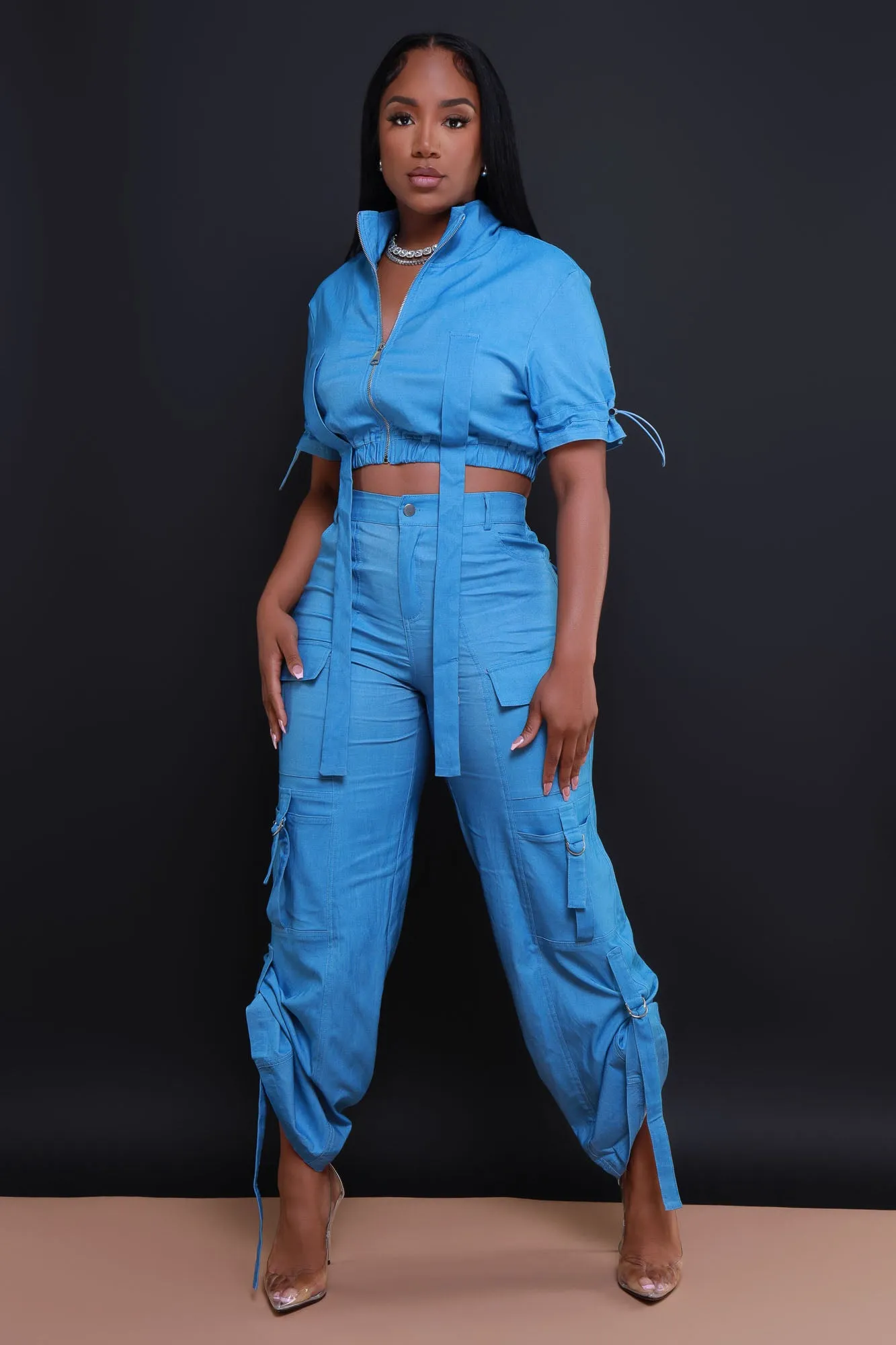 Runner Up Cropped Cargo Pants Set - Blue Denim