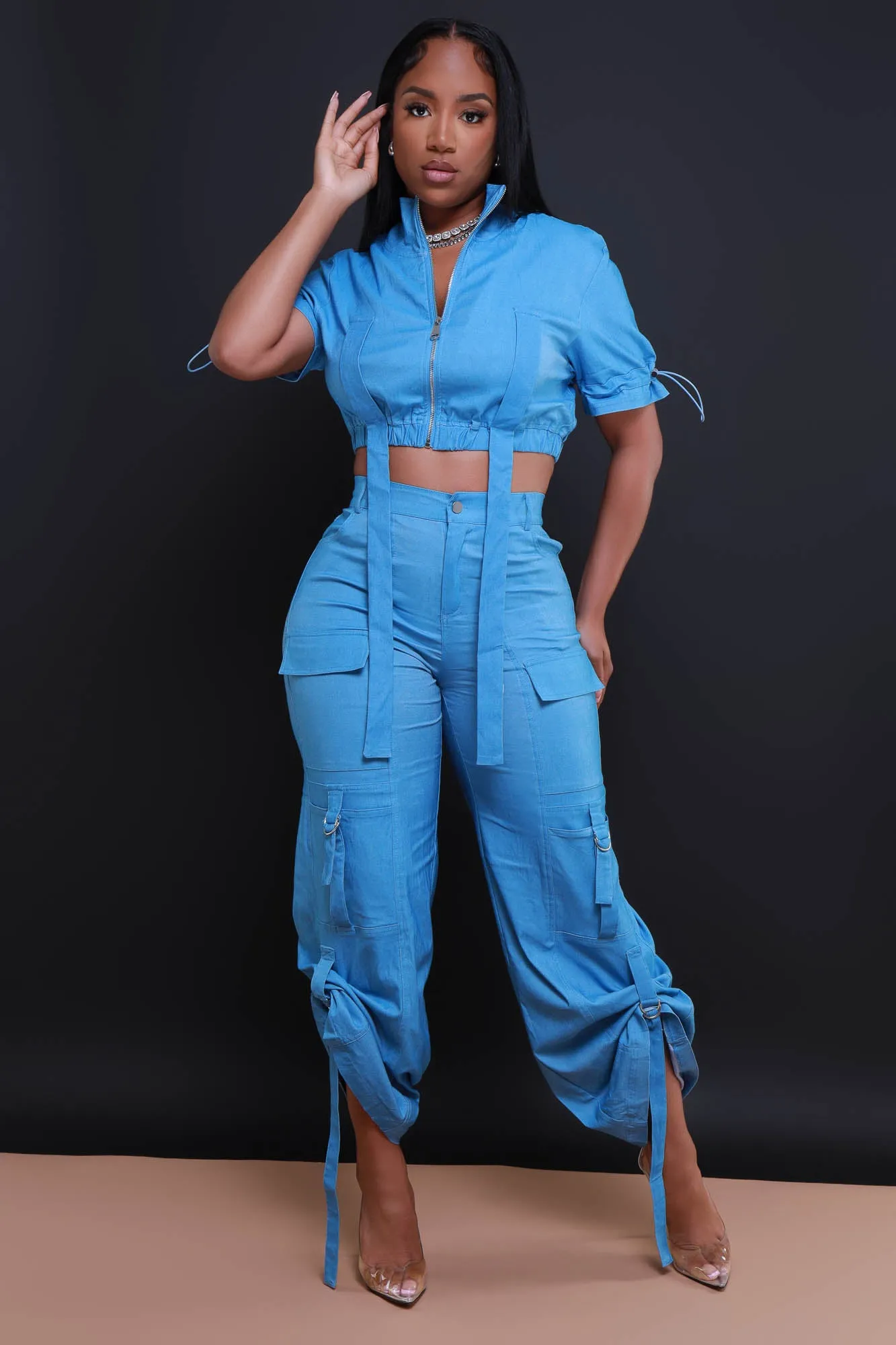 Runner Up Cropped Cargo Pants Set - Blue Denim