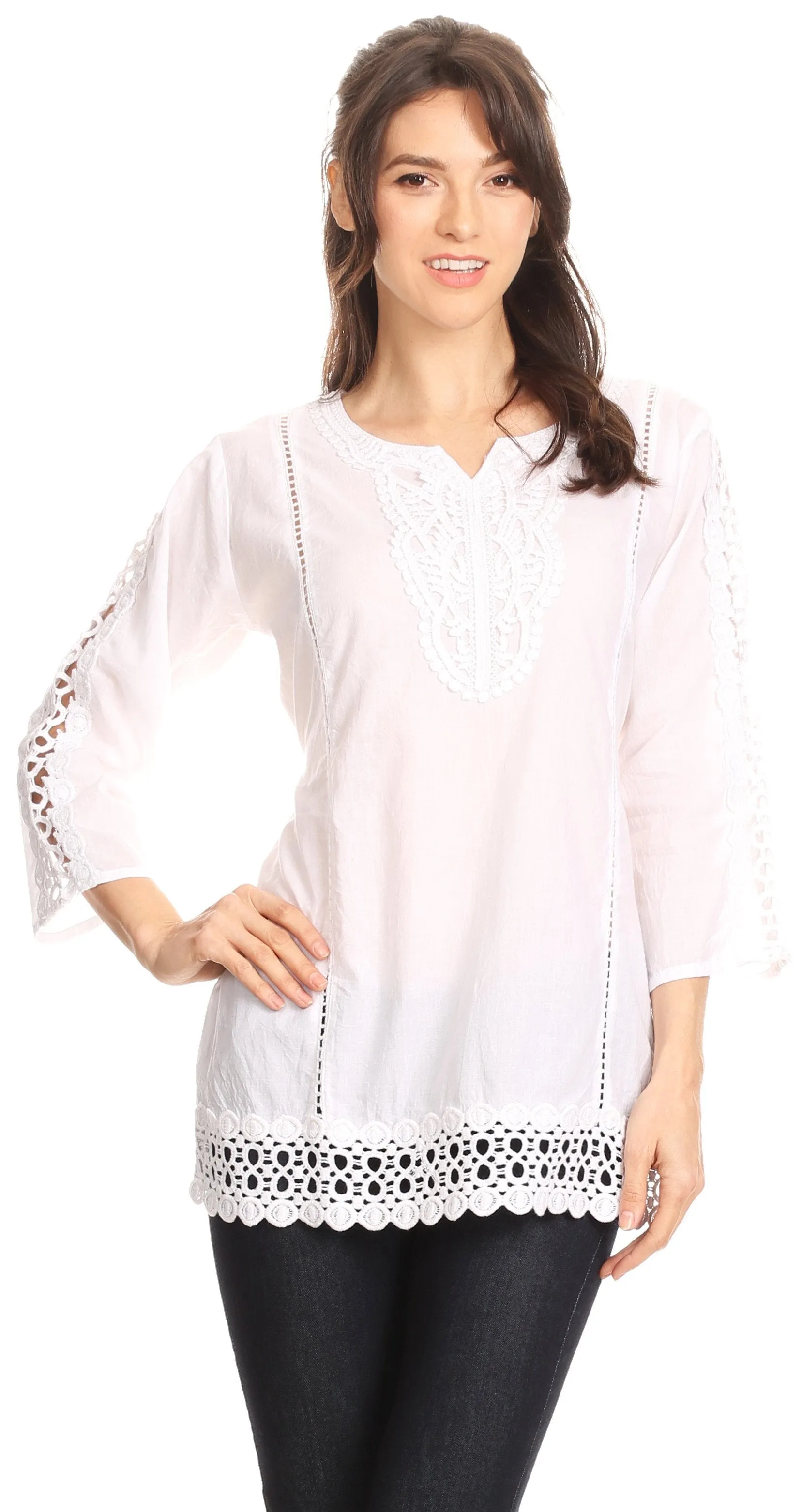 Sakkas Chloe 3/4 Sleeve Crochet Lace Split Neck Top with Waist Tie