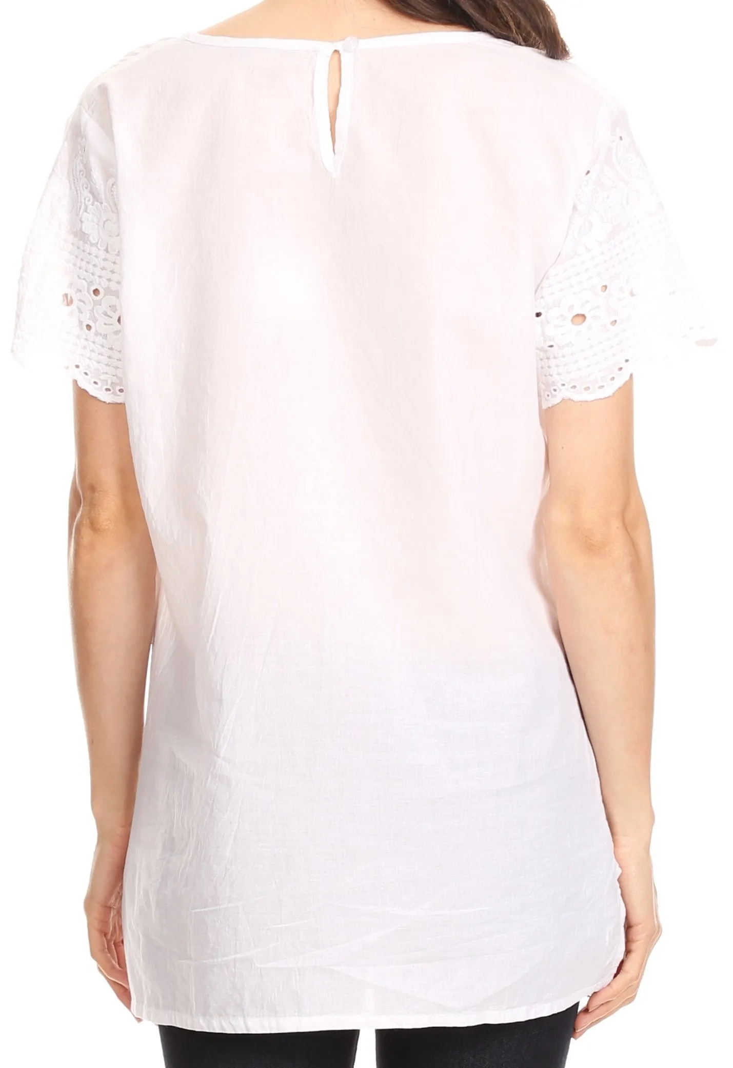 Sakkas Cleo Scalloped Short Sleeve Pintucked Eyelet Blouse