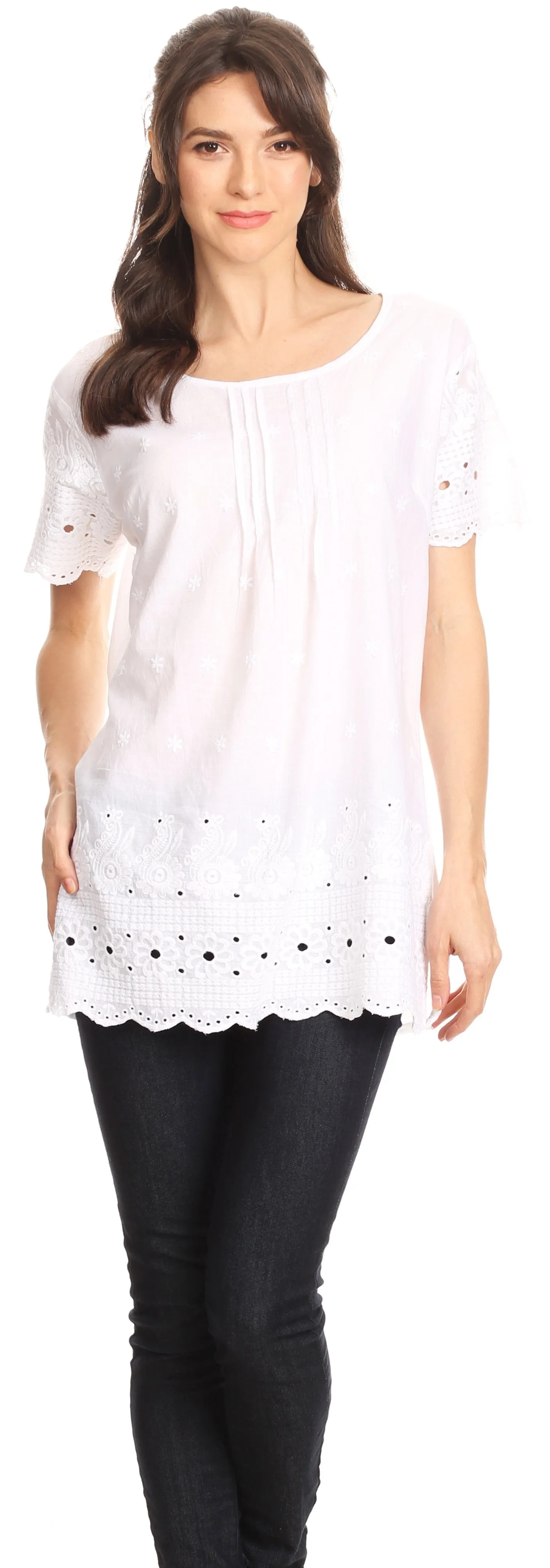 Sakkas Cleo Scalloped Short Sleeve Pintucked Eyelet Blouse