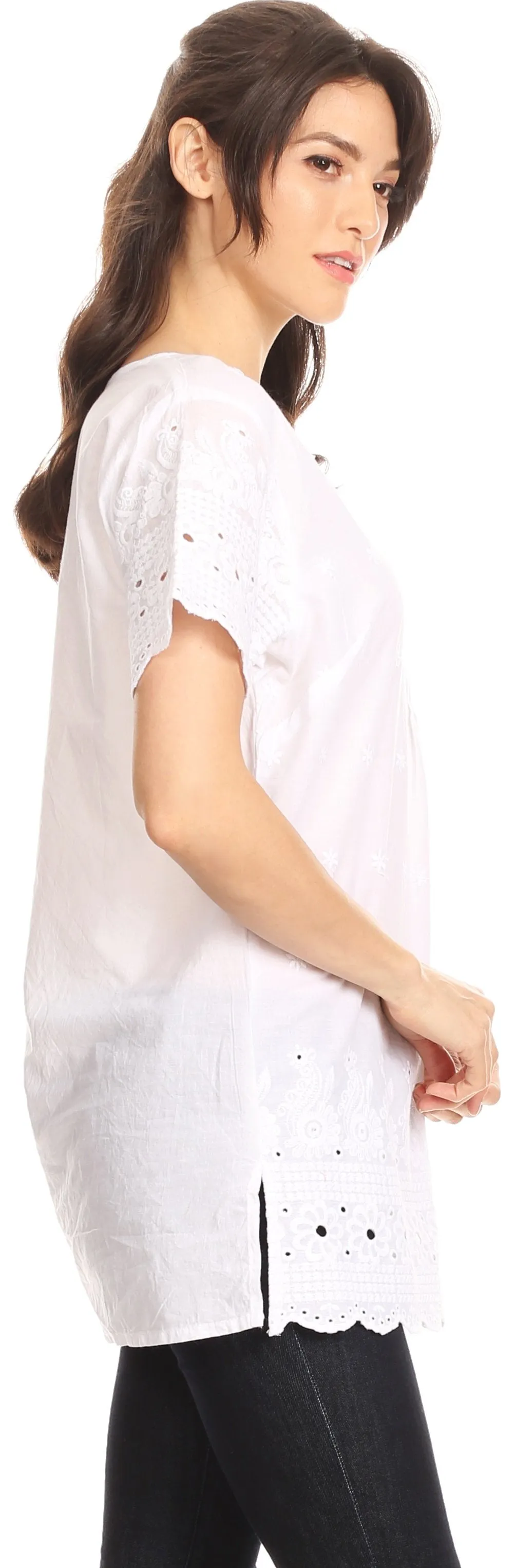 Sakkas Cleo Scalloped Short Sleeve Pintucked Eyelet Blouse