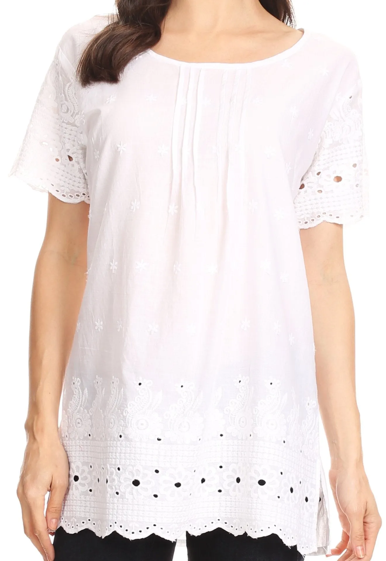 Sakkas Cleo Scalloped Short Sleeve Pintucked Eyelet Blouse