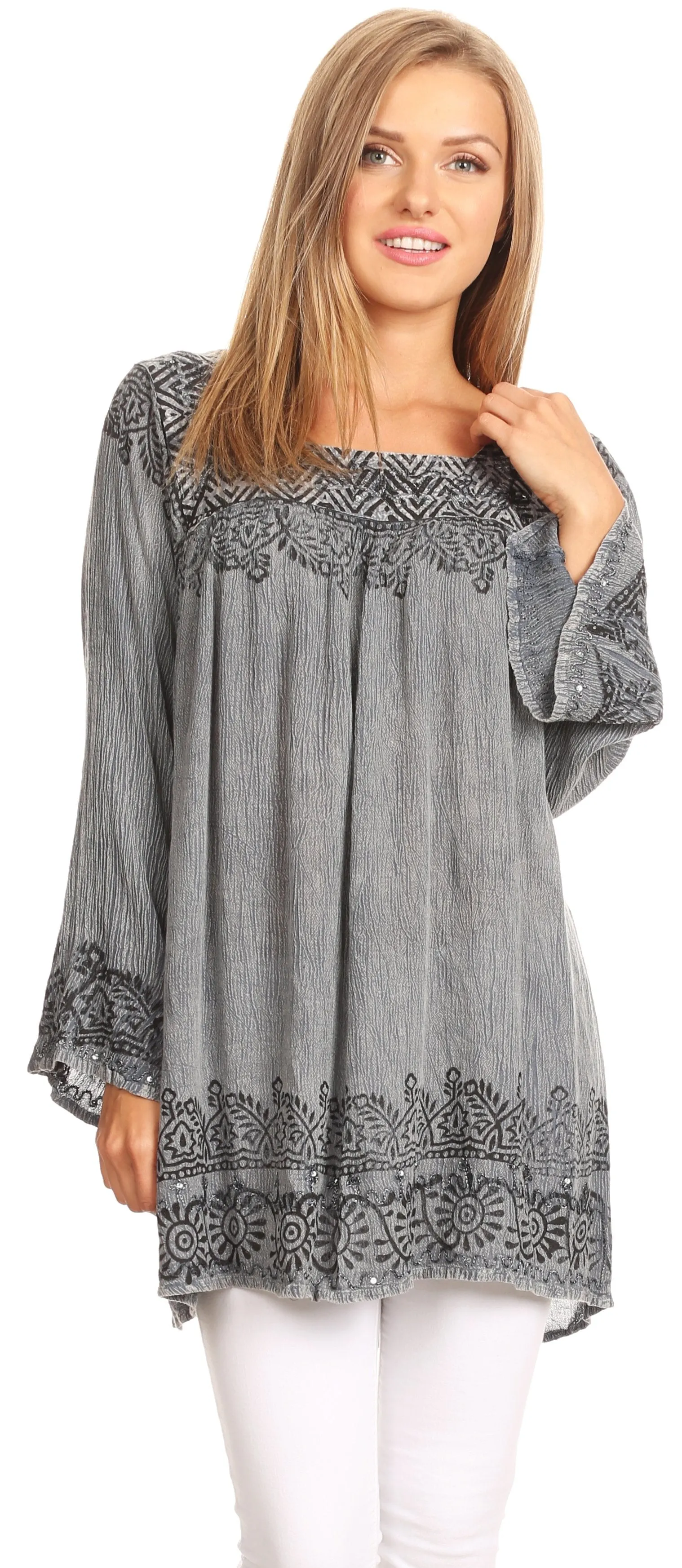 Sakkas Elena Tribal Nature Square Neck Bell Sleeve Stonewashed Top