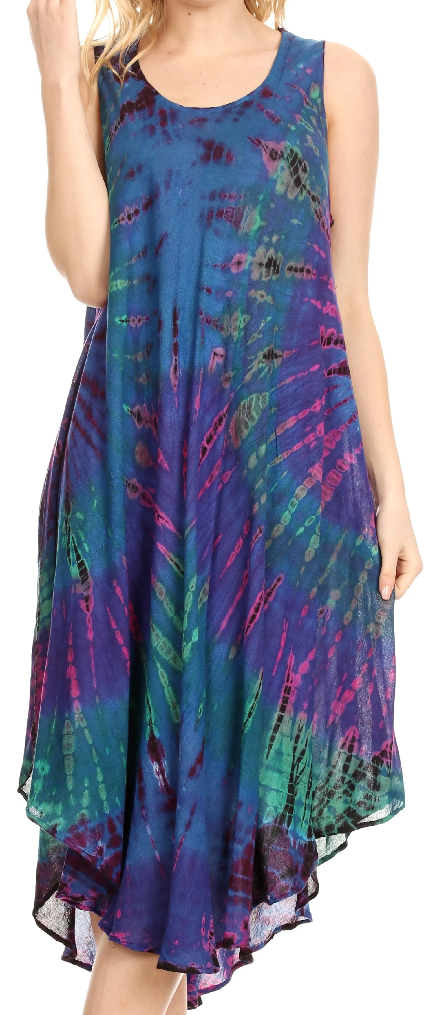 Sakkas Eula Boho Sleeveless Tie Dye Long Tank Caftan Sundress / Beach Cover Up