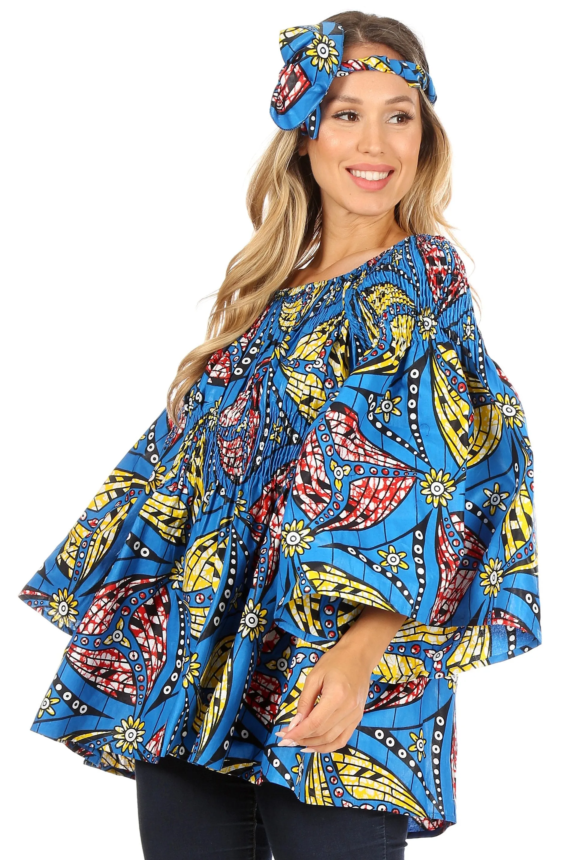 Sakkas Mela Women's Long Sleeve Peplum Off Shoulder Blouse Top in African Ankara