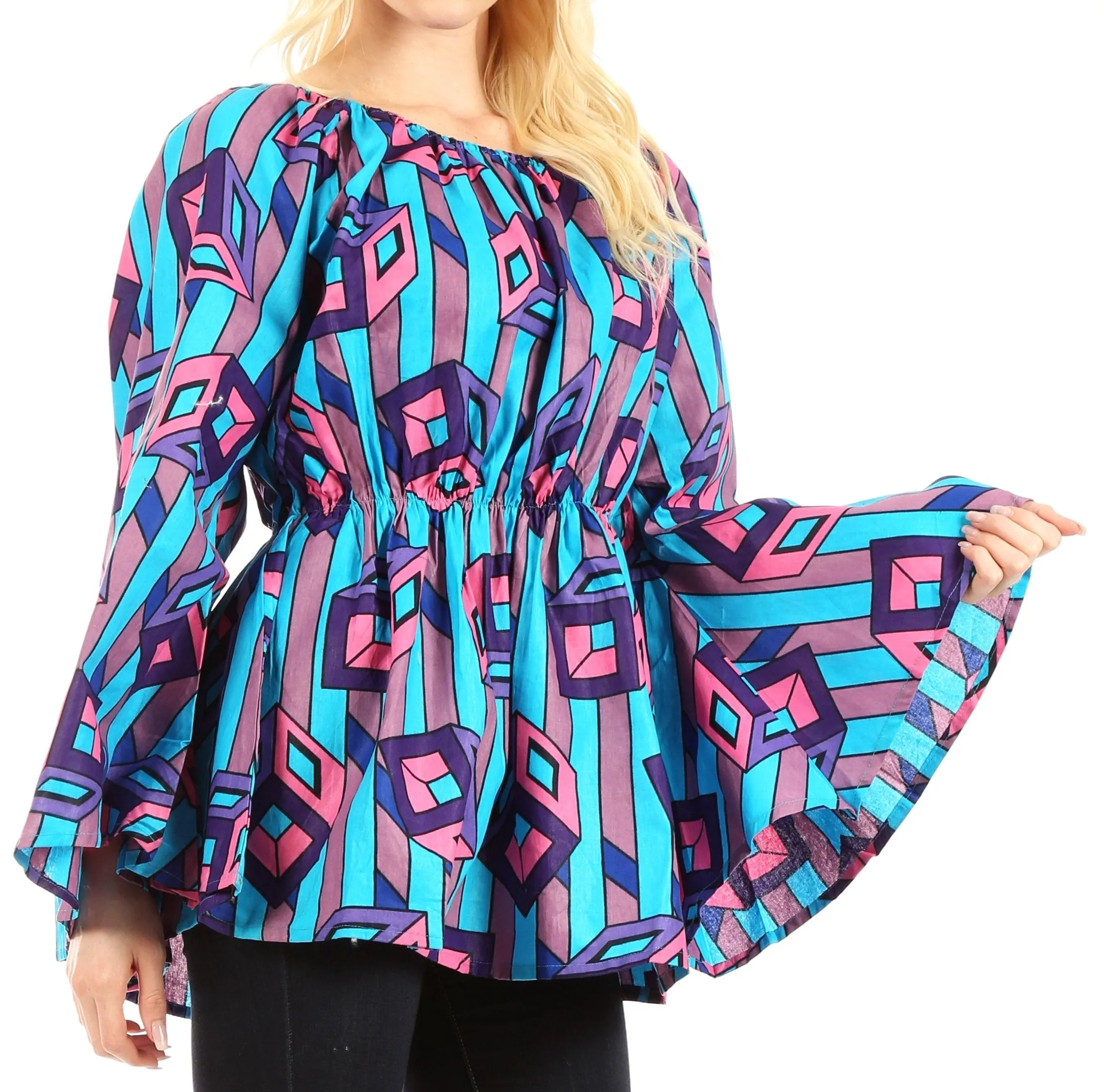 Sakkas Mela Women's Long Sleeve Peplum Off Shoulder Blouse Top in African Ankara