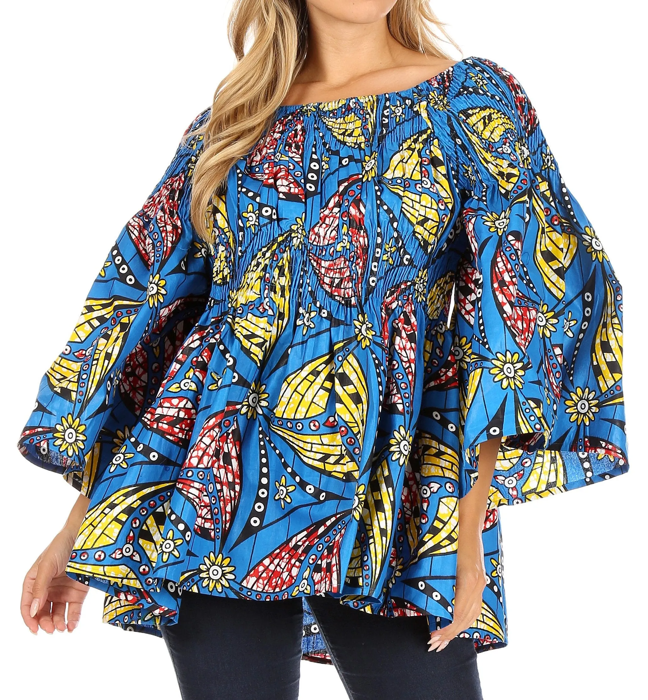 Sakkas Mela Women's Long Sleeve Peplum Off Shoulder Blouse Top in African Ankara