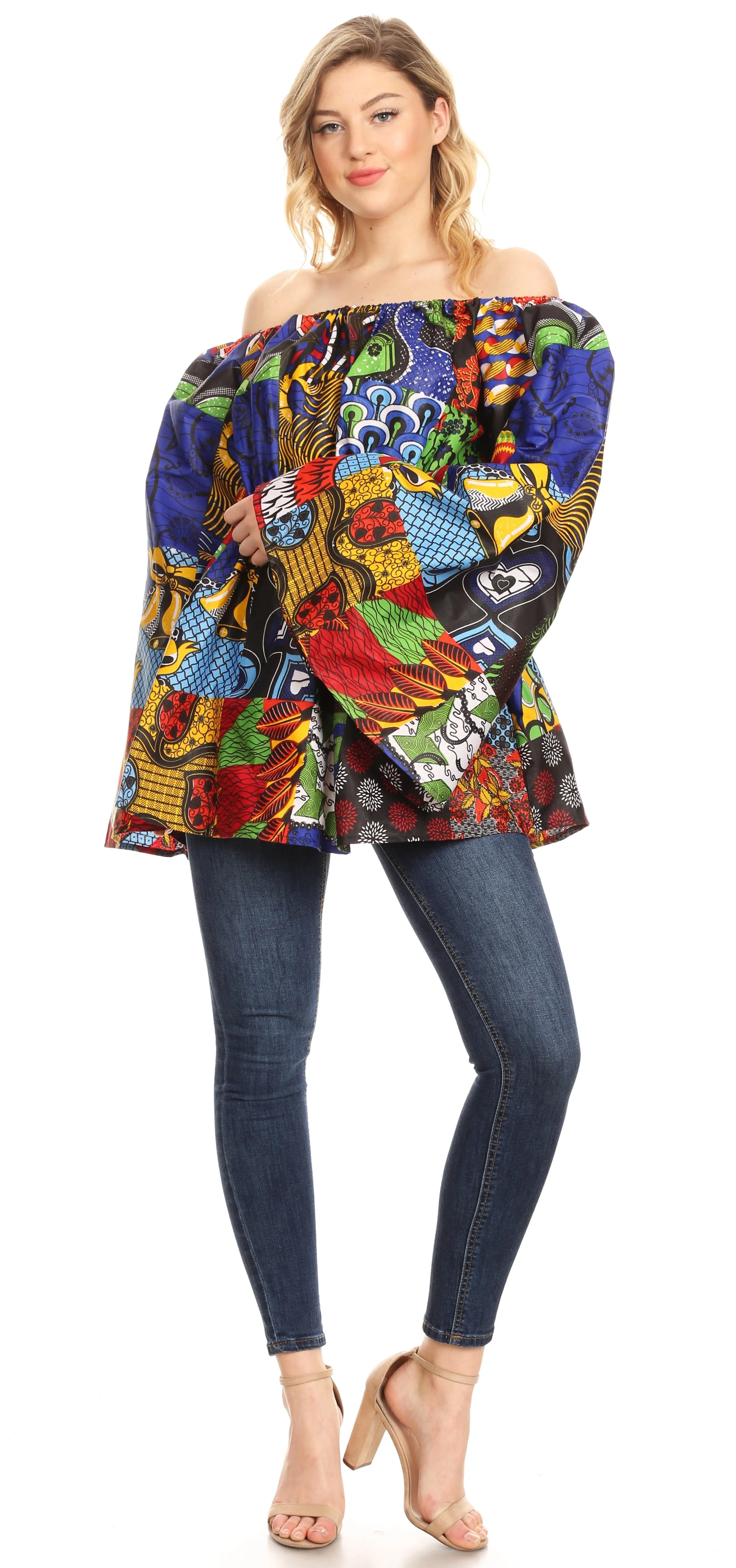 Sakkas Mela Women's Long Sleeve Peplum Off Shoulder Blouse Top in African Ankara