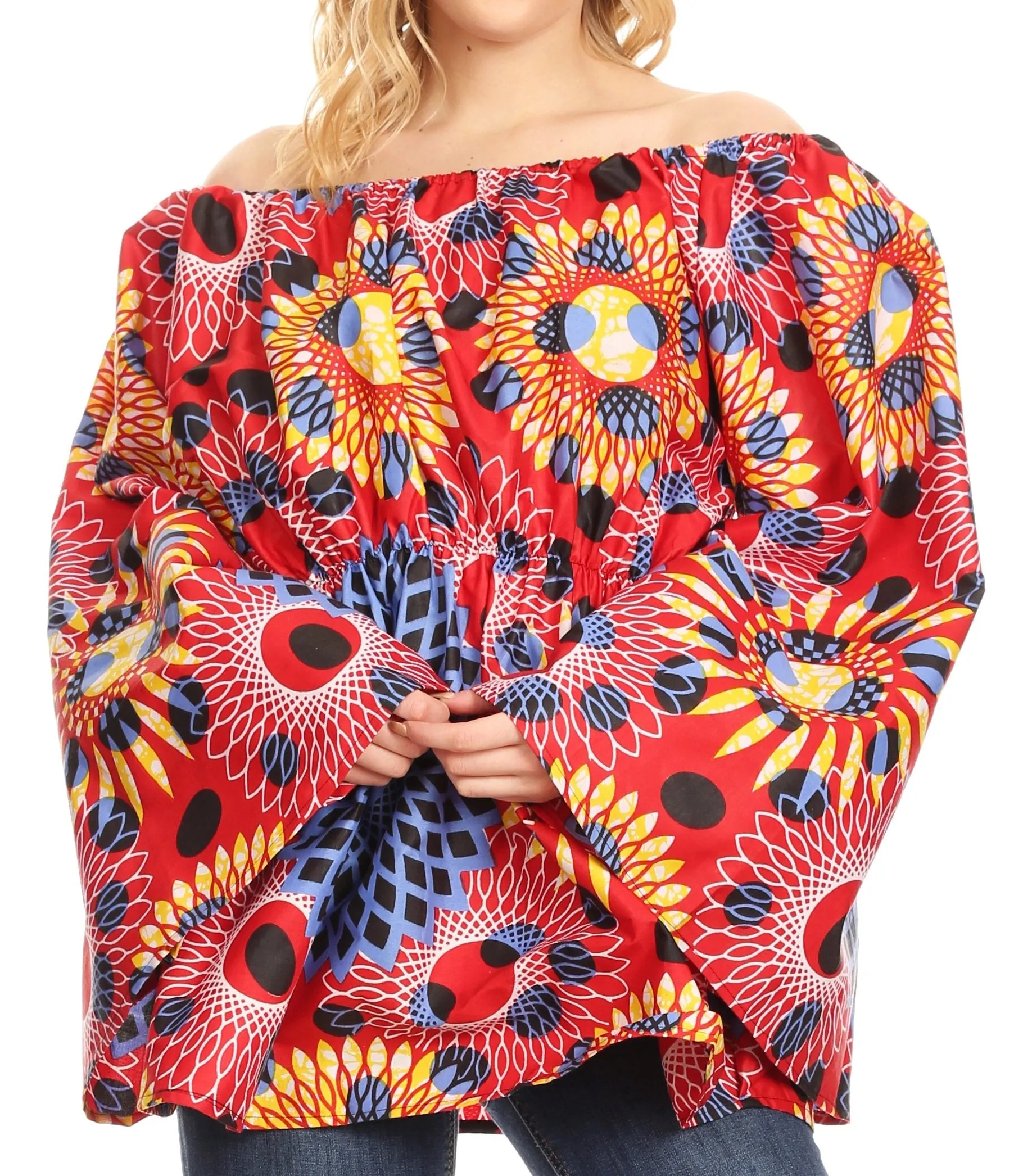 Sakkas Mela Women's Long Sleeve Peplum Off Shoulder Blouse Top in African Ankara