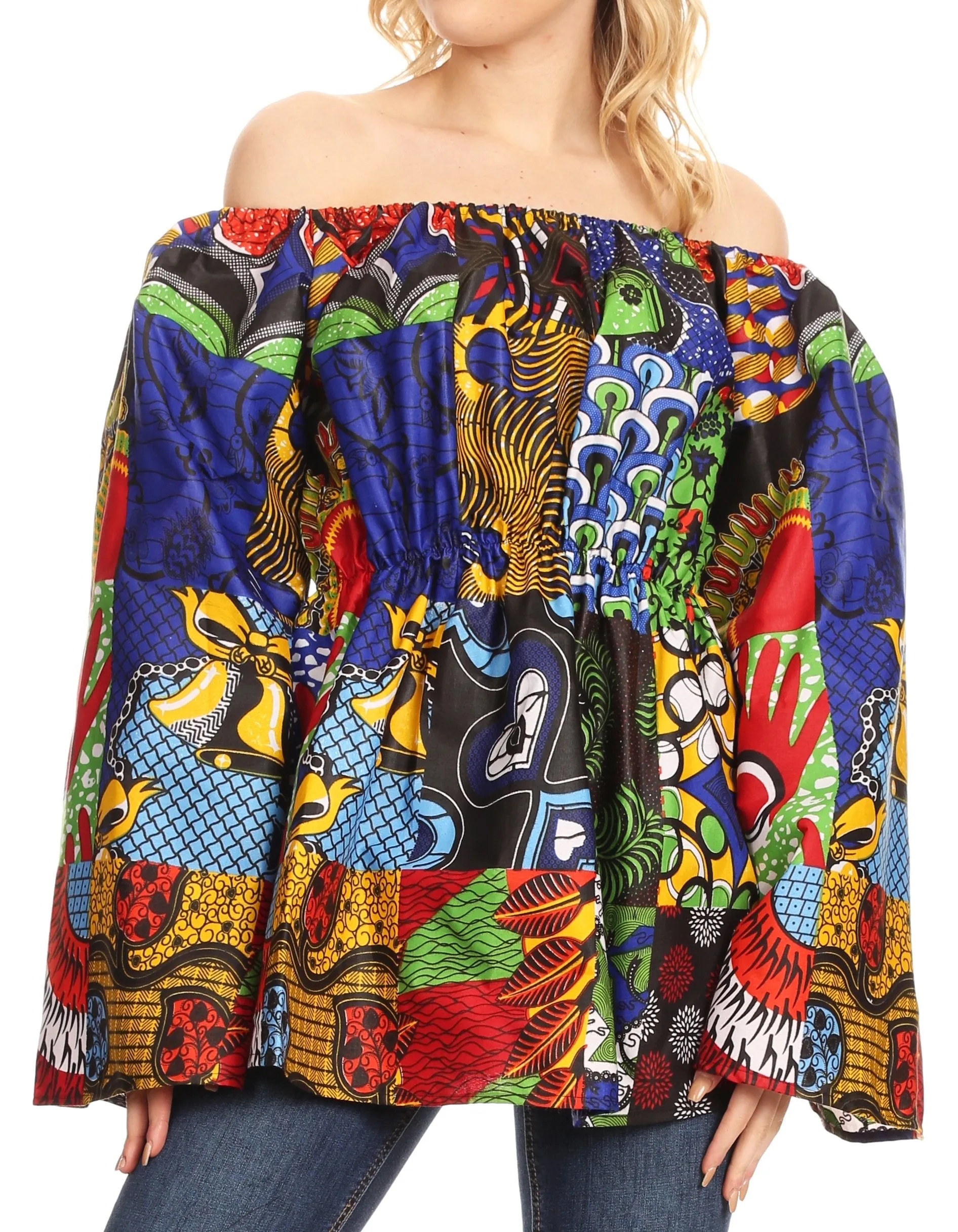 Sakkas Mela Women's Long Sleeve Peplum Off Shoulder Blouse Top in African Ankara