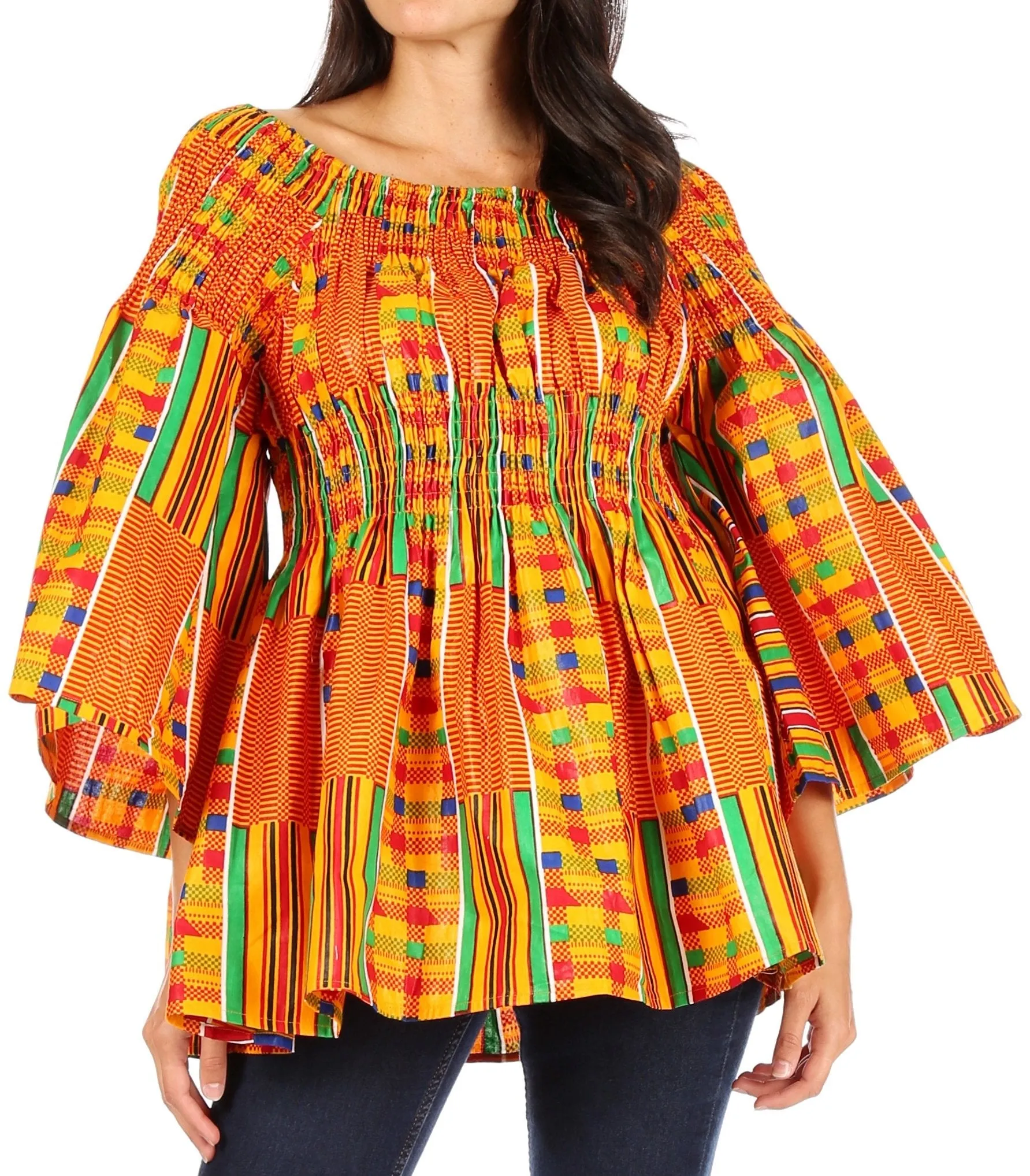 Sakkas Mela Women's Long Sleeve Peplum Off Shoulder Blouse Top in African Ankara