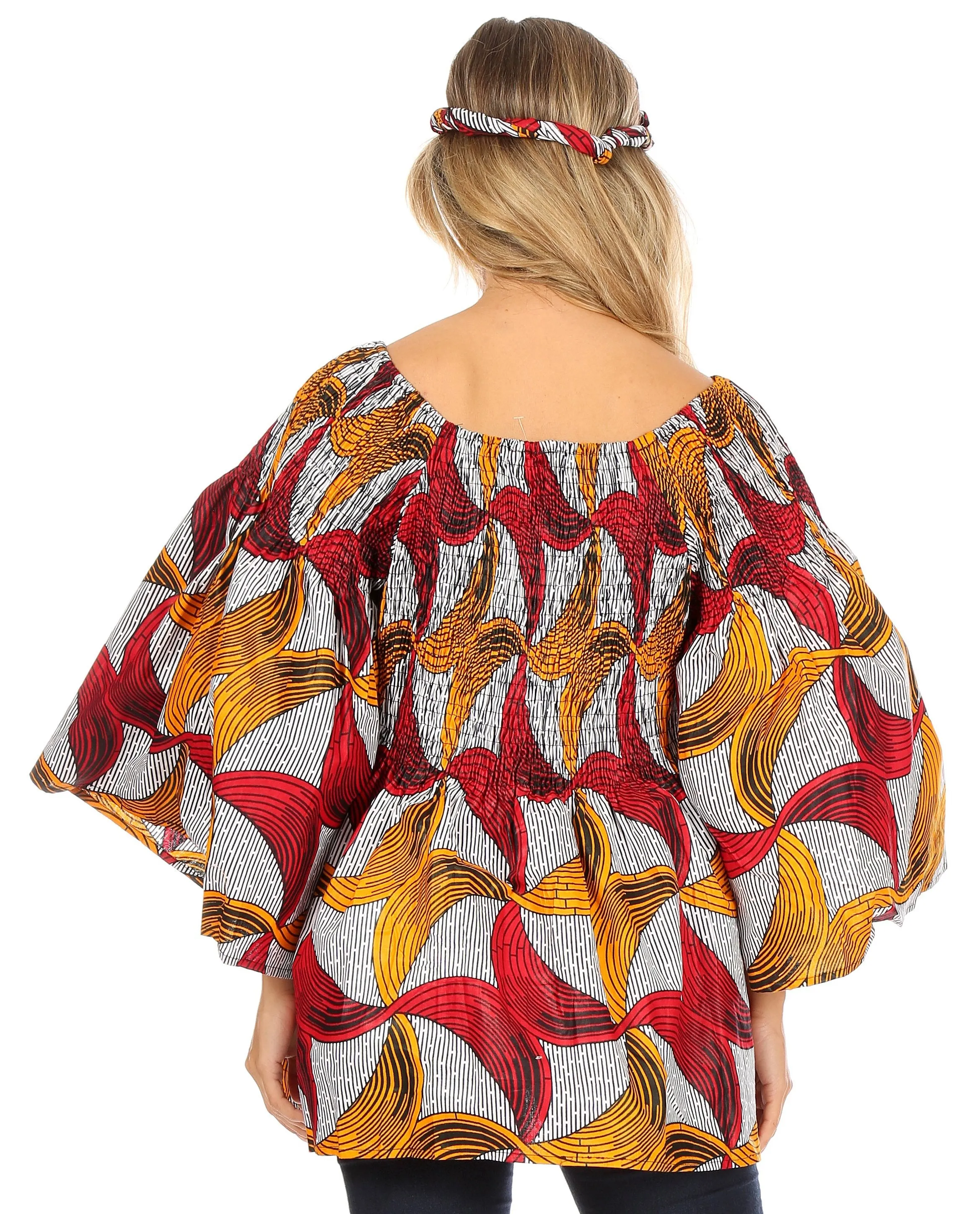 Sakkas Mela Women's Long Sleeve Peplum Off Shoulder Blouse Top in African Ankara