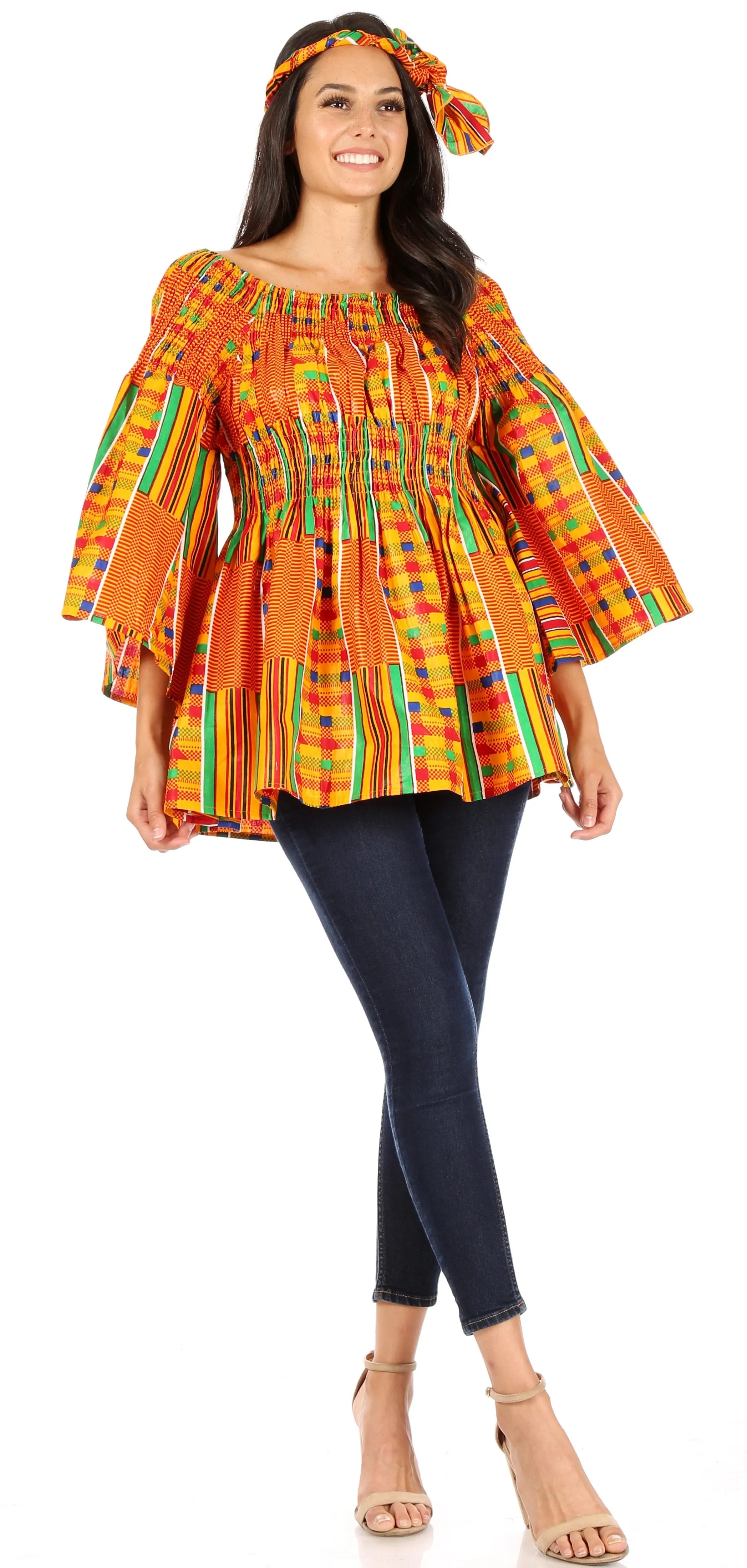 Sakkas Mela Women's Long Sleeve Peplum Off Shoulder Blouse Top in African Ankara