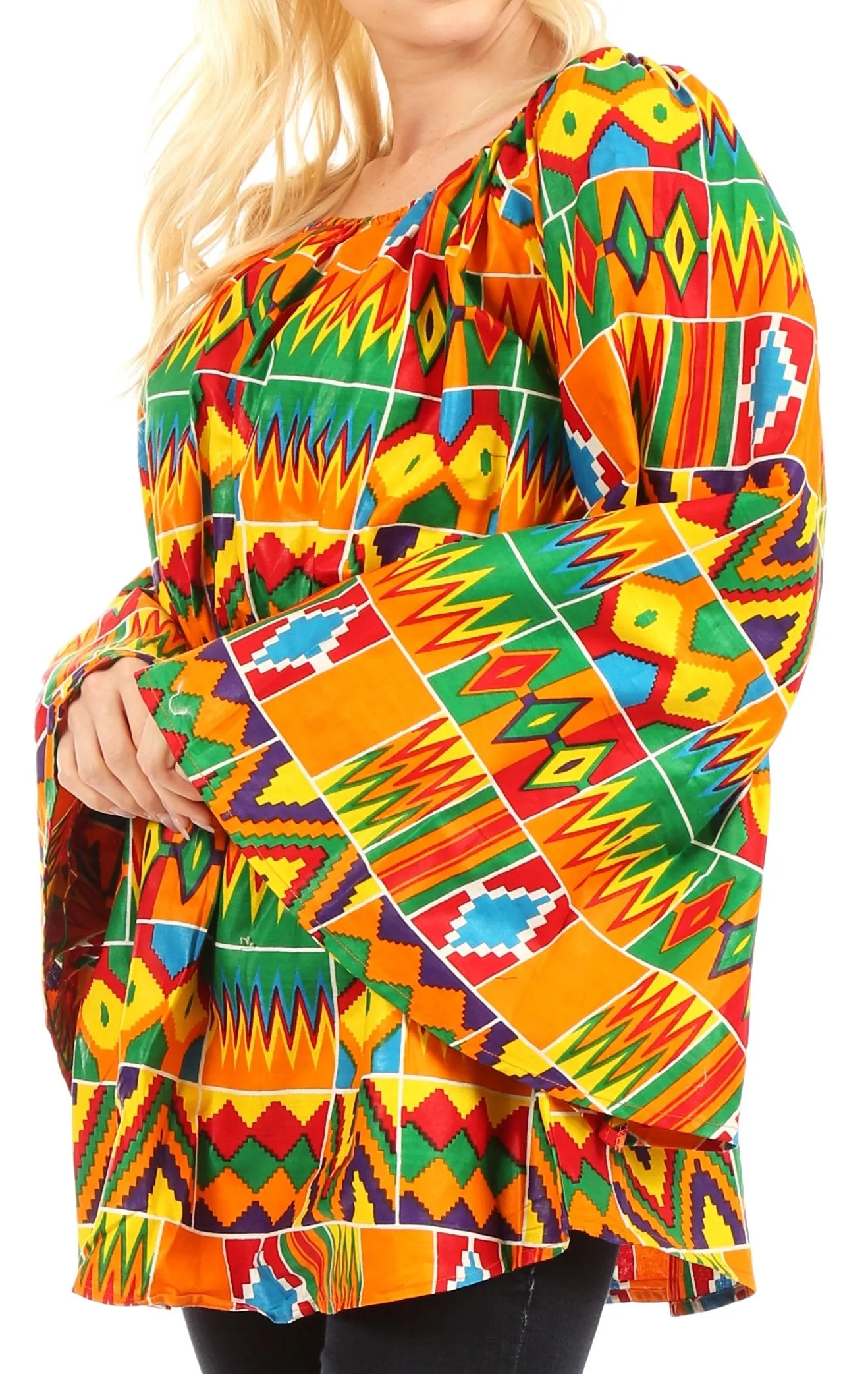 Sakkas Mela Women's Long Sleeve Peplum Off Shoulder Blouse Top in African Ankara