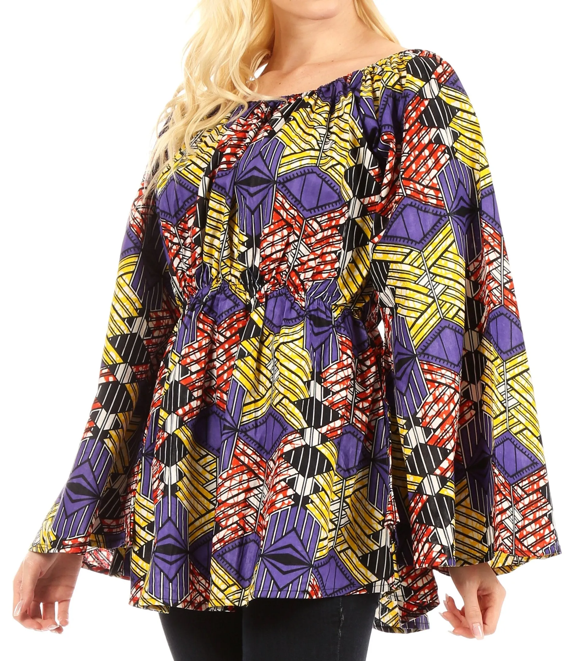 Sakkas Mela Women's Long Sleeve Peplum Off Shoulder Blouse Top in African Ankara