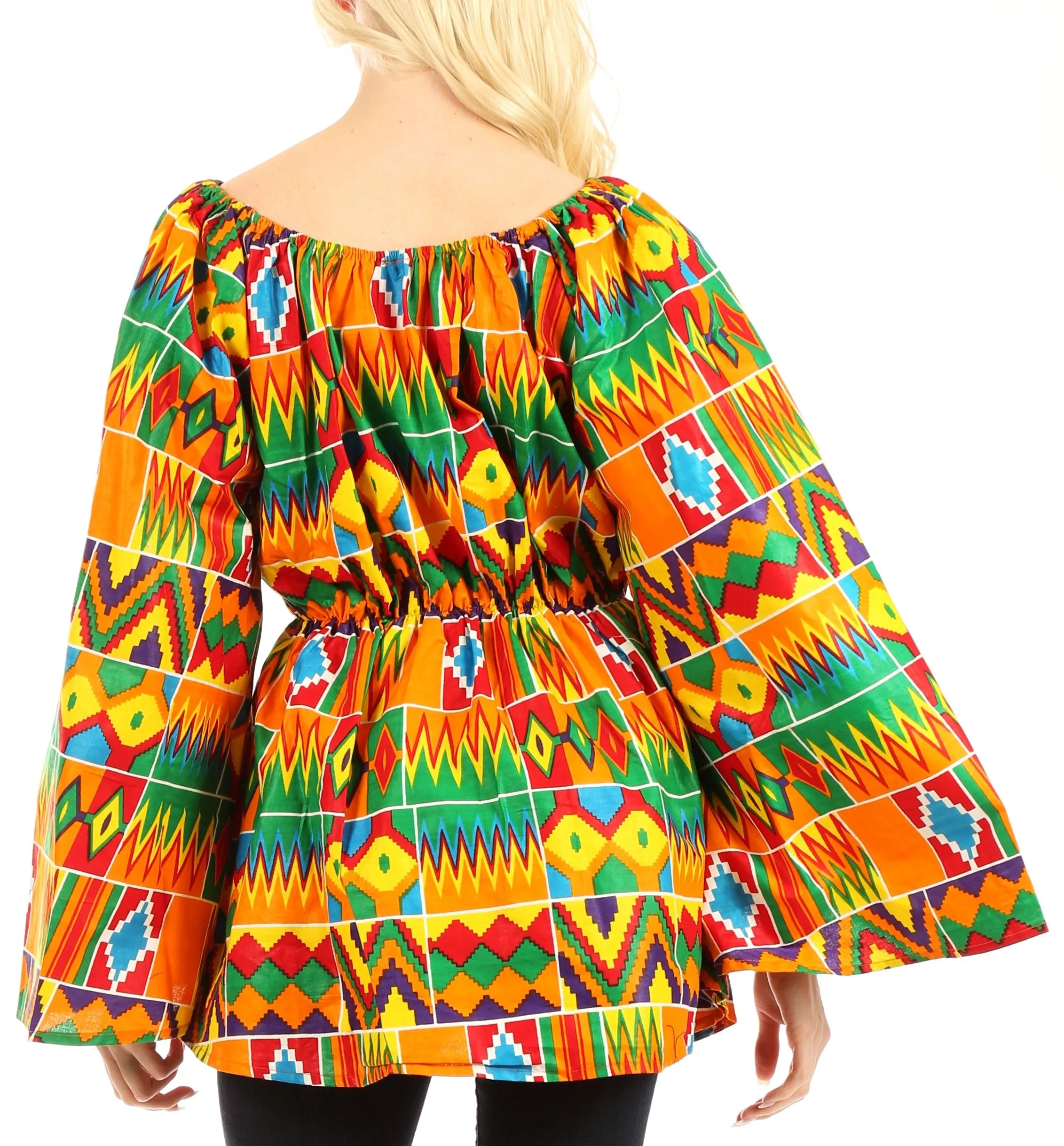 Sakkas Mela Women's Long Sleeve Peplum Off Shoulder Blouse Top in African Ankara