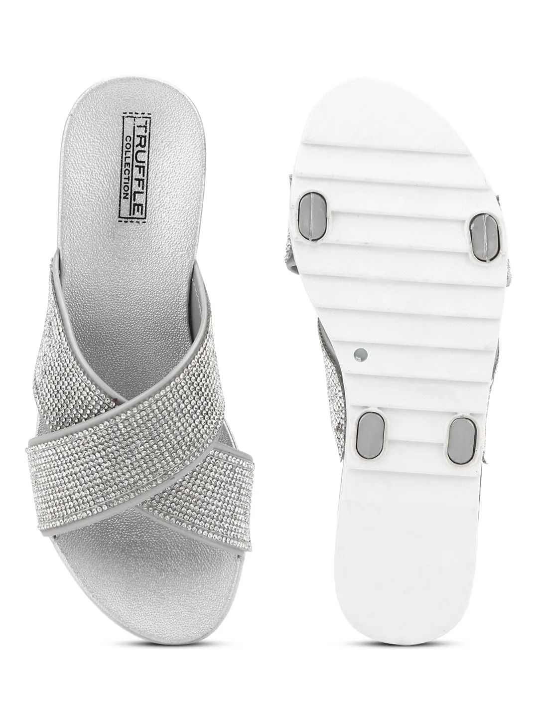 Silver Diamante Crossover Slip-On Flats