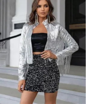 Silver Sequin Fringed Cropped Jacket