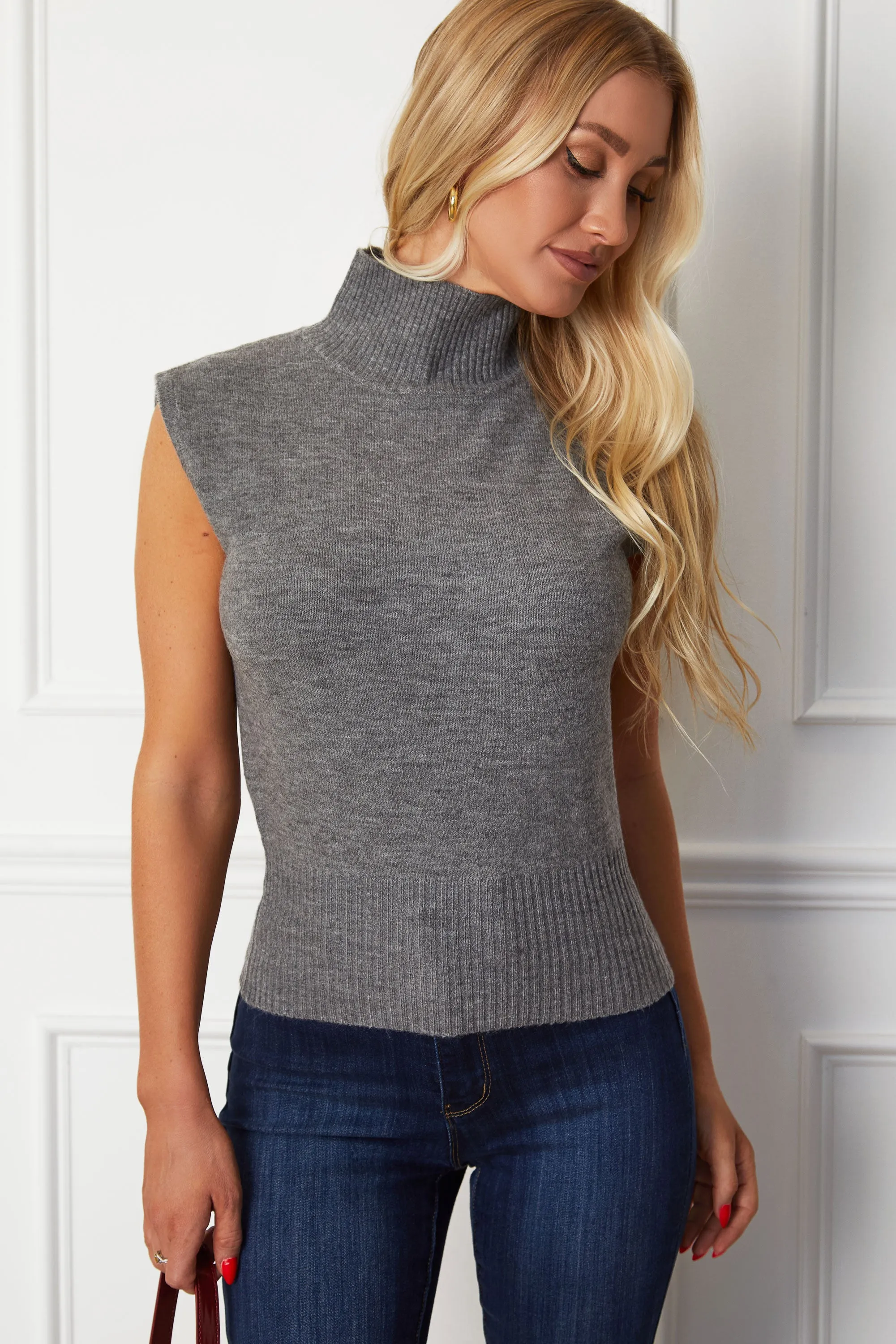 Sophie Charcoal High-Neck Sleeveless Sweater Top