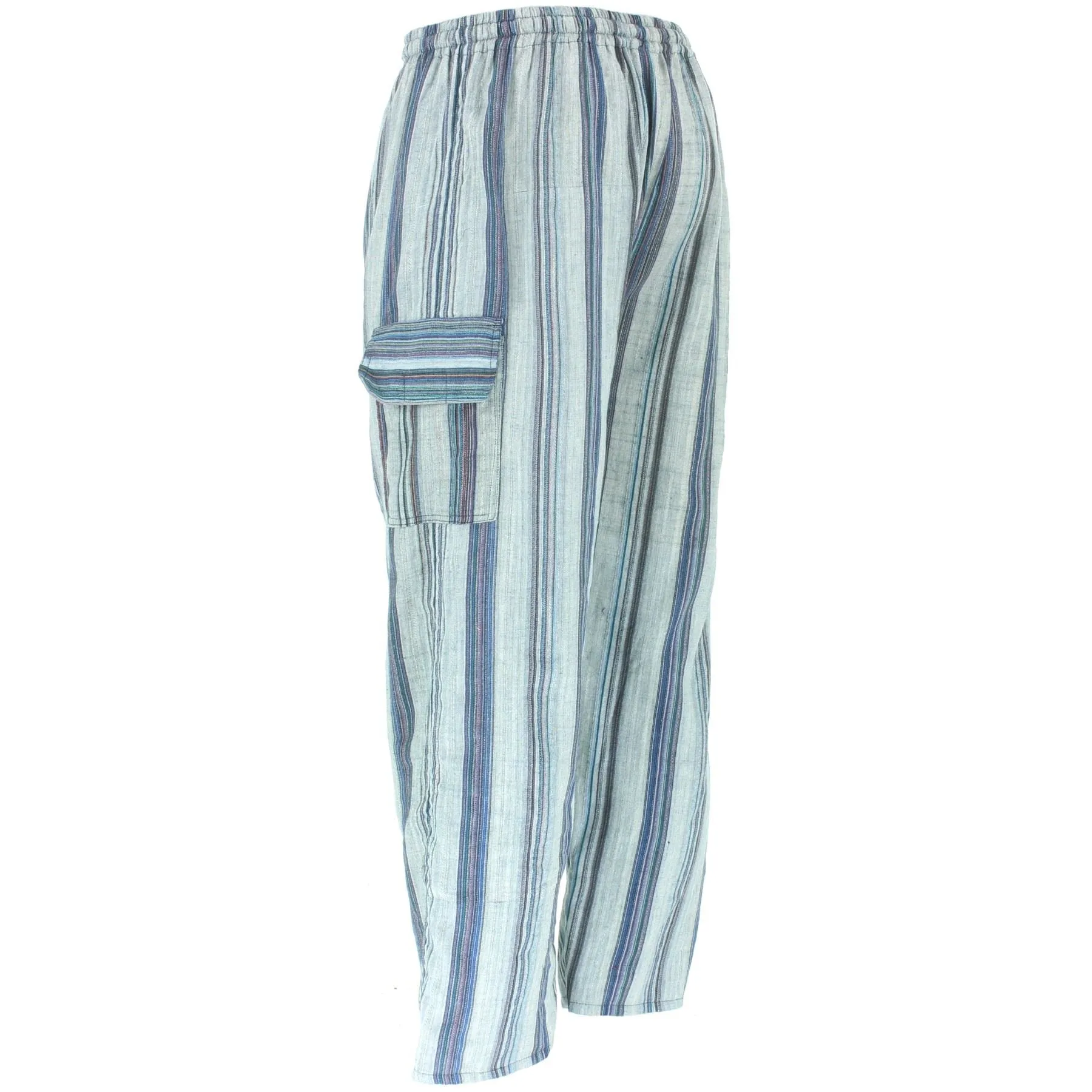 Striped Cotton Cargo Trousers Pants - White & Blue