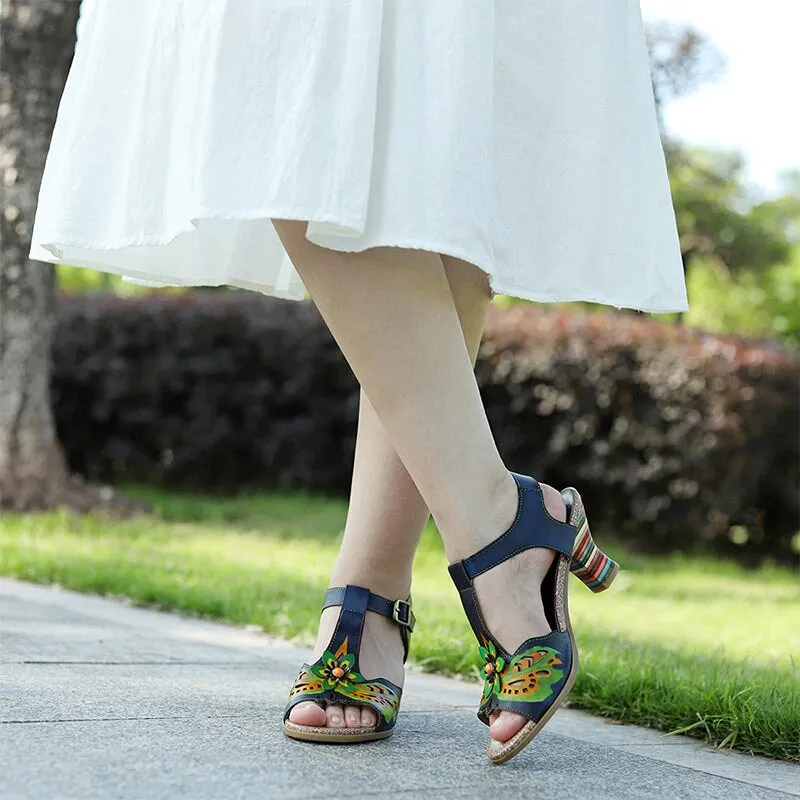 T Strap 65mm Block Heel Leather Sandal in Blue