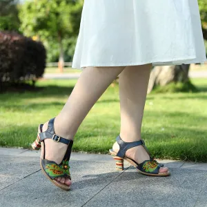 T Strap 65mm Block Heel Leather Sandal in Blue