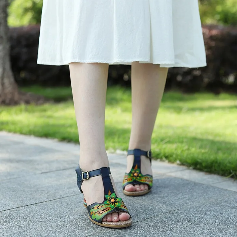 T Strap 65mm Block Heel Leather Sandal in Blue