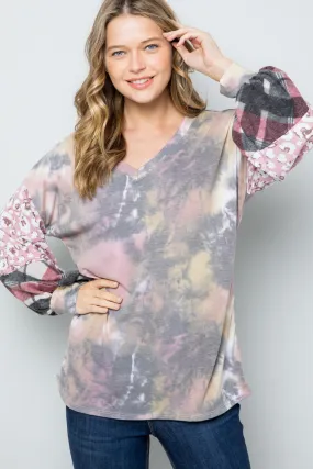 Tie-Dye V-Neck Printed Sleeve Blouse