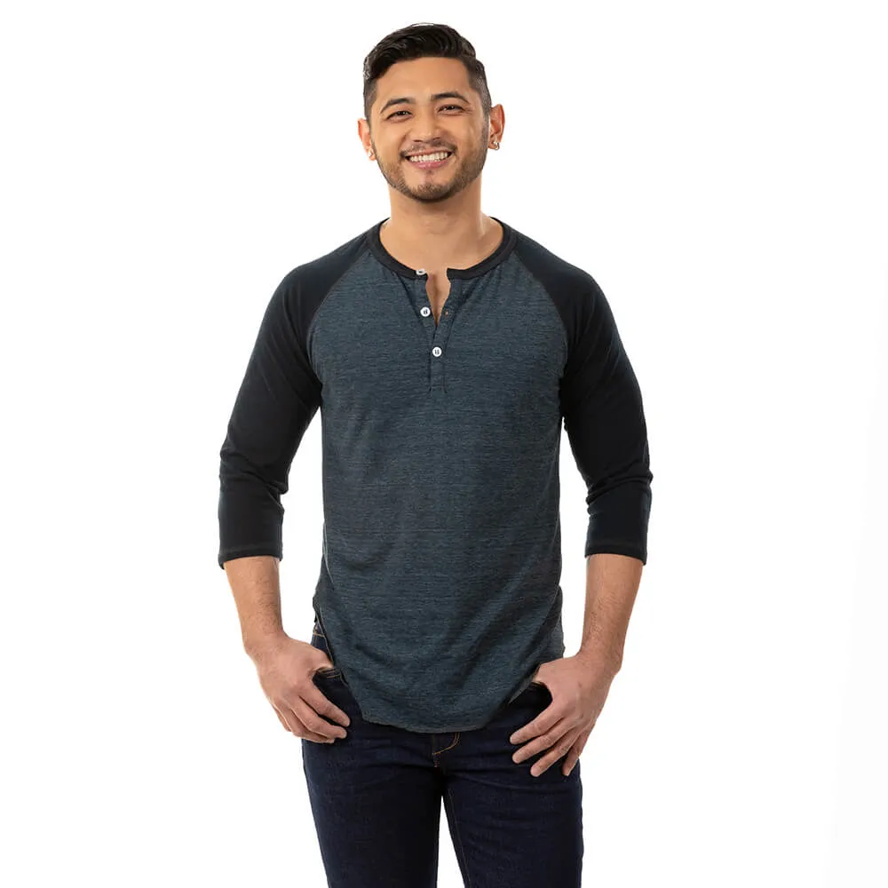 Tonal Blue/Black Contrast 3/4 Raglan Sleeve Tri-Blend Henley Shirt (XXL Available)