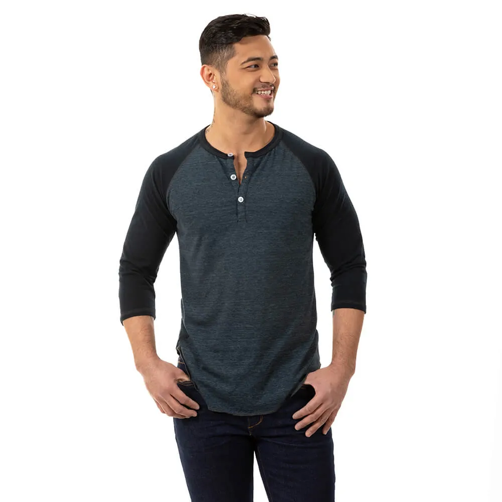 Tonal Blue/Black Contrast 3/4 Raglan Sleeve Tri-Blend Henley Shirt (XXL Available)