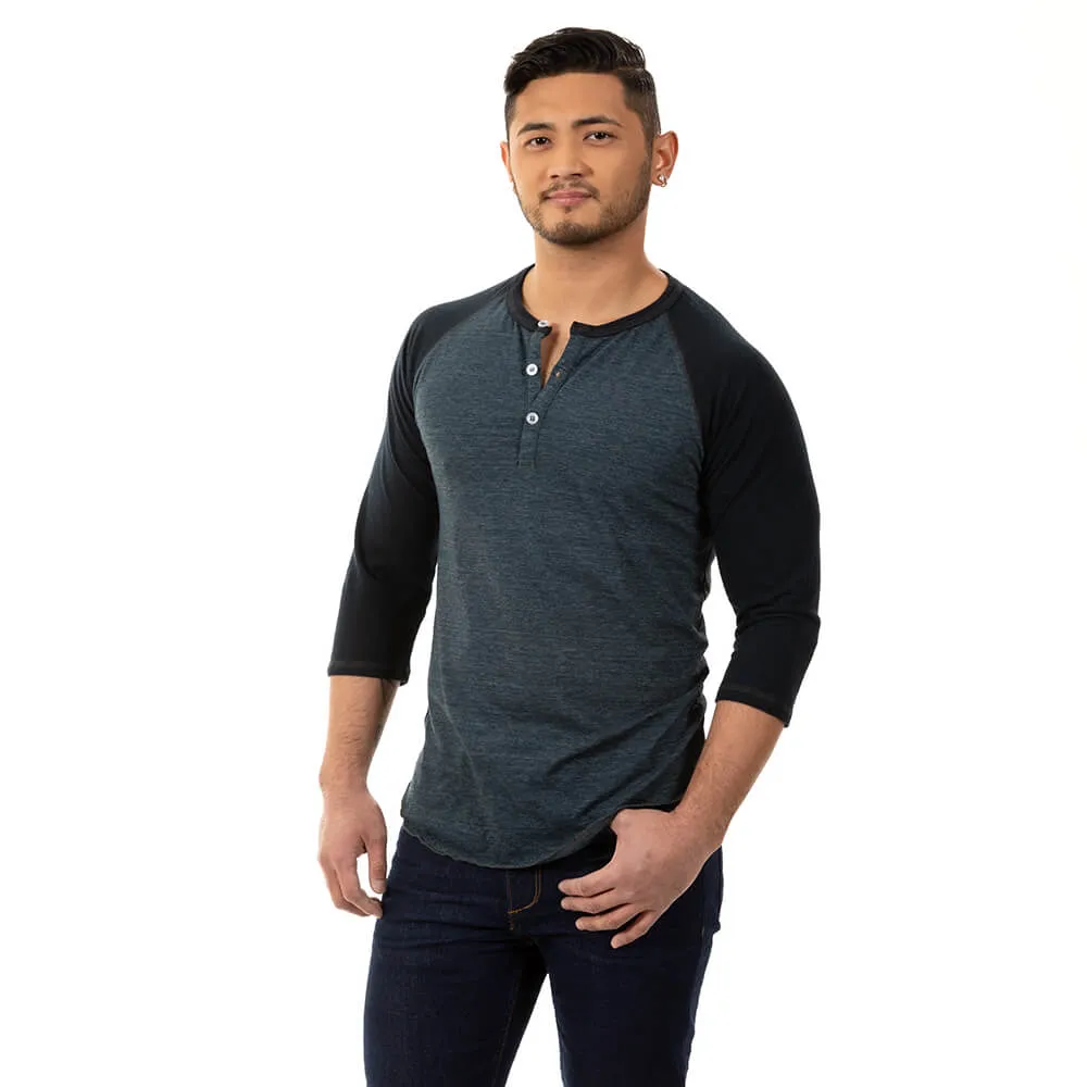 Tonal Blue/Black Contrast 3/4 Raglan Sleeve Tri-Blend Henley Shirt (XXL Available)