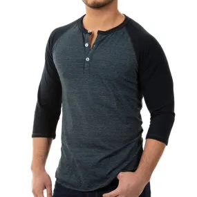 Tonal Blue/Black Contrast 3/4 Raglan Sleeve Tri-Blend Henley Shirt