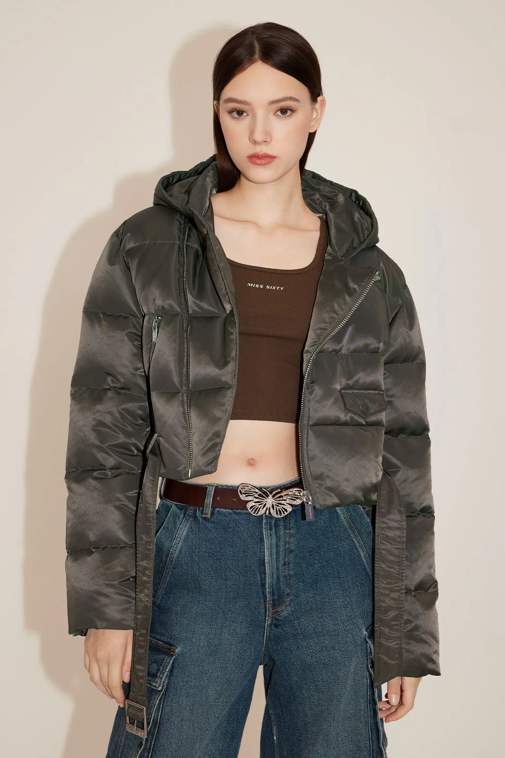 Vintage Cargo Style Hooded Cropped Down Jacket