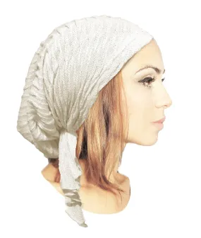 White Boho Chic Pre-tied Head-Scarf Tichel Sparkly Breathable Knit Collection! ShariRose (White sparkle short - 410)