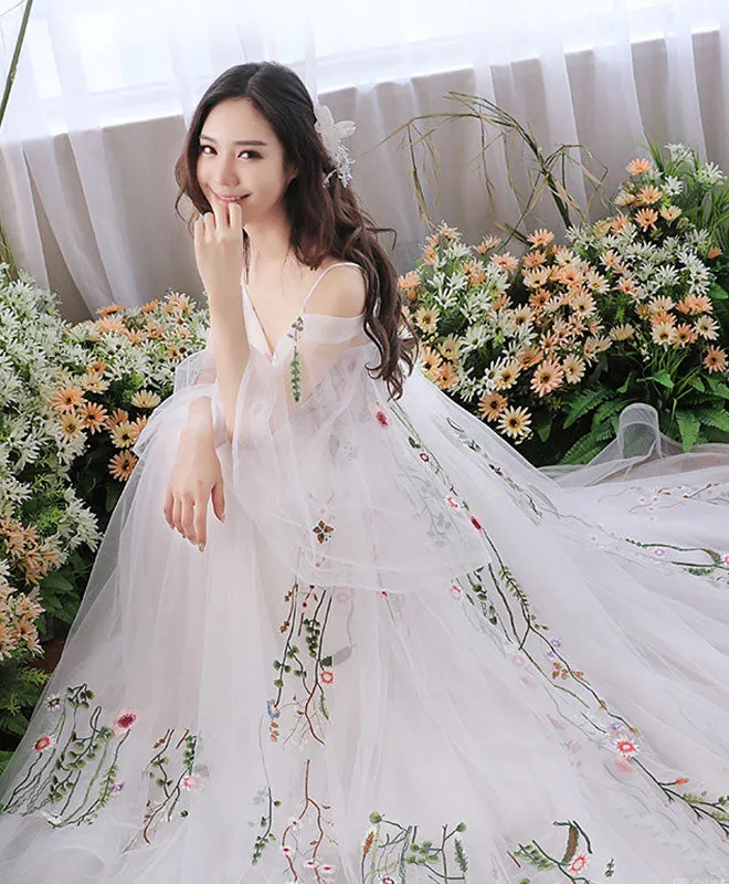 White V Neck Tulle Lace Applique Long Prom Dress, White Evening Dress