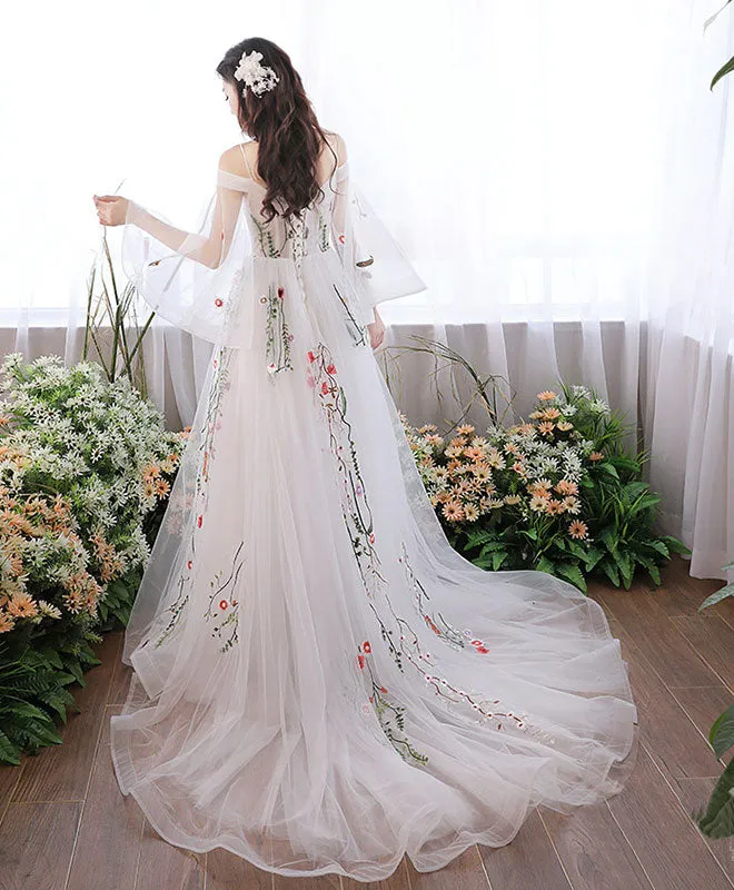 White V Neck Tulle Lace Applique Long Prom Dress, White Evening Dress