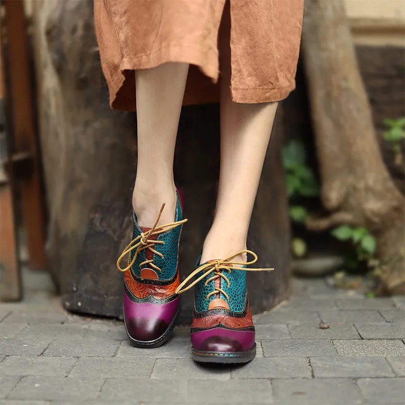 Women Fashion High Heel Oxfords Printing Leather Lace-Up Brogue Shoes in Purple